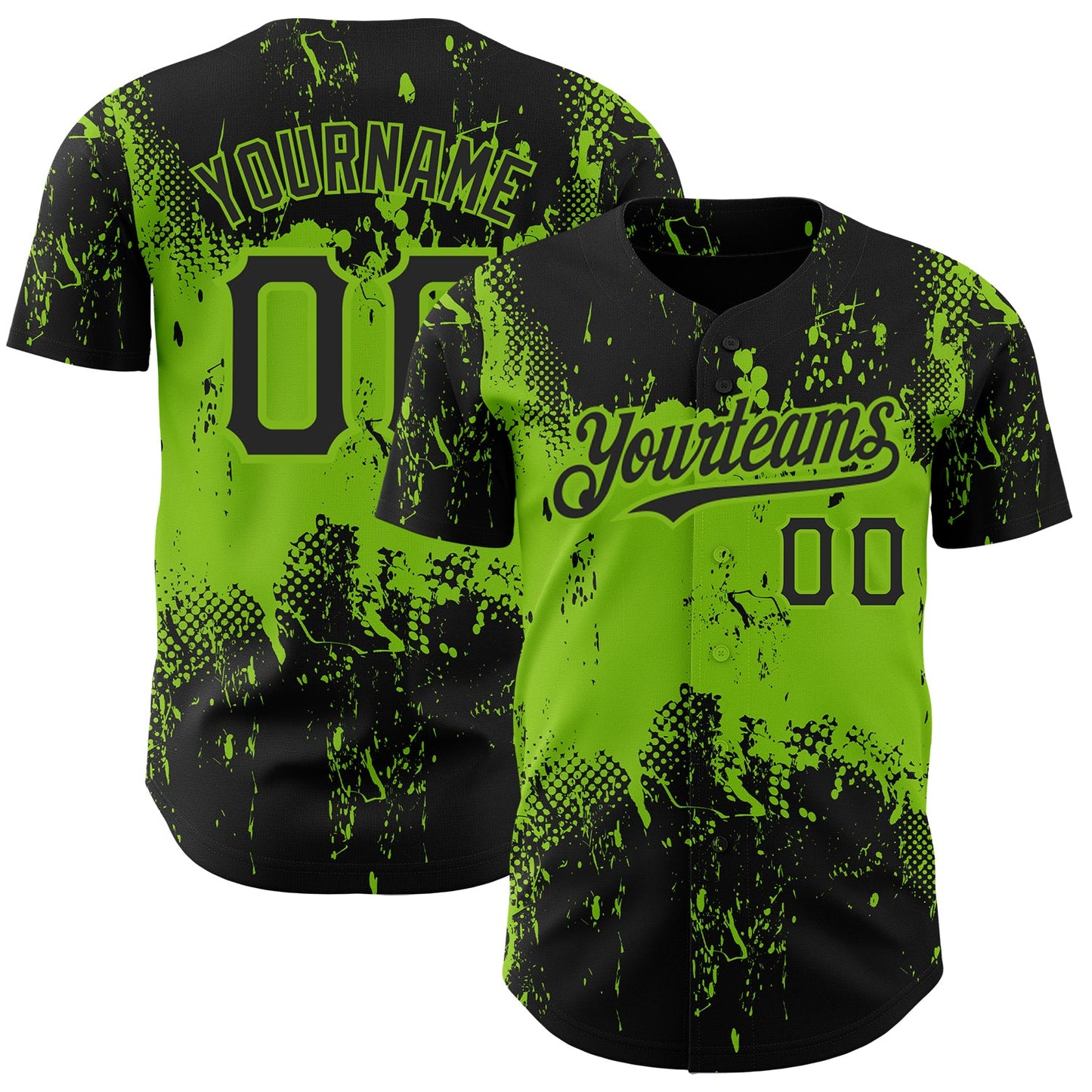 Custom Black Neon Green 3D Pattern Design Abstract Splatter Grunge Art Authentic Baseball Jersey - Main View