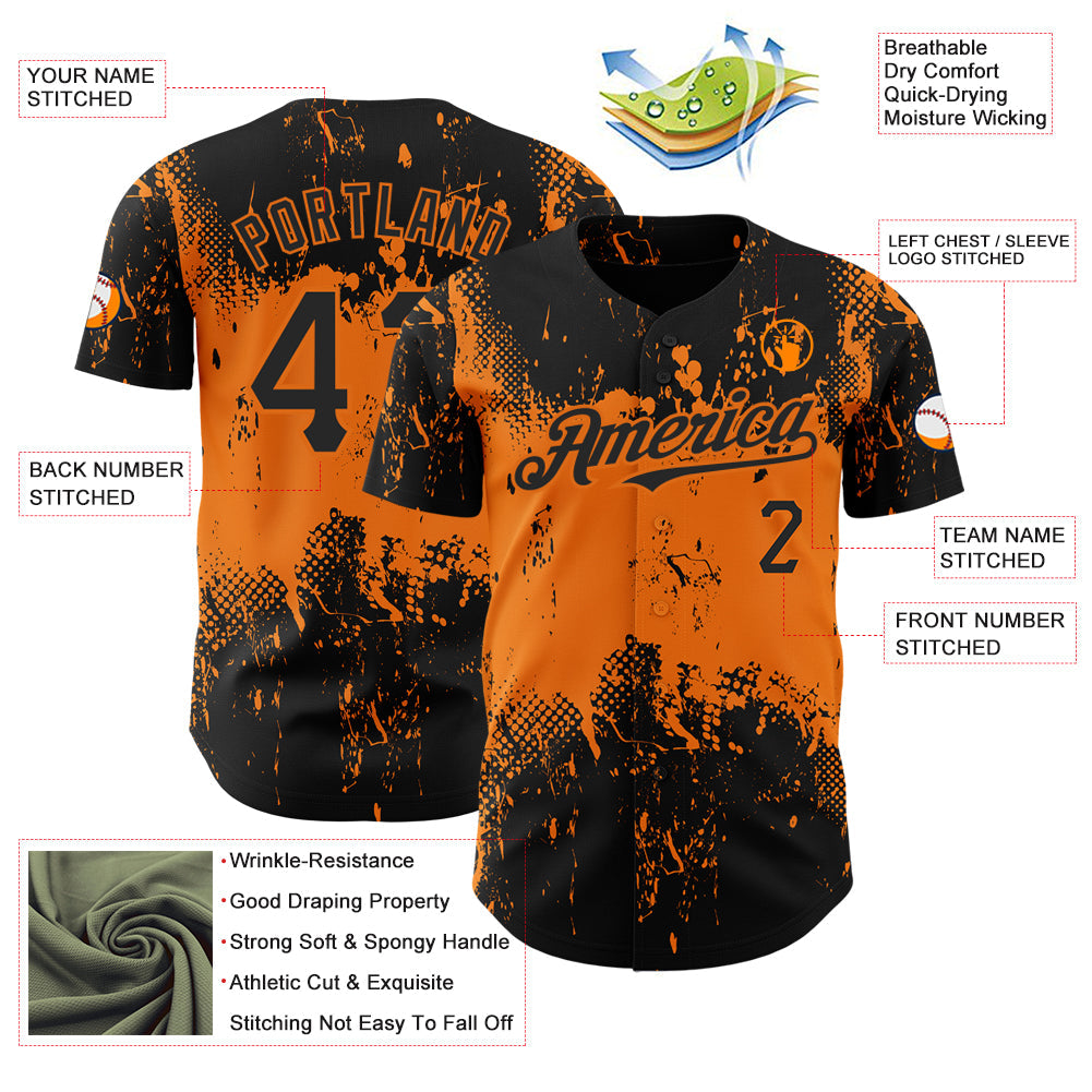 Custom Black Bay Orange 3D Pattern Design Abstract Splatter Grunge Art Authentic Baseball Jersey view 3