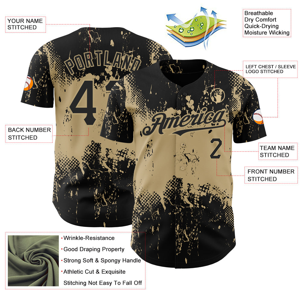 Custom Black Vegas Gold 3D Pattern Design Abstract Splatter Grunge Art Authentic Baseball Jersey view 3