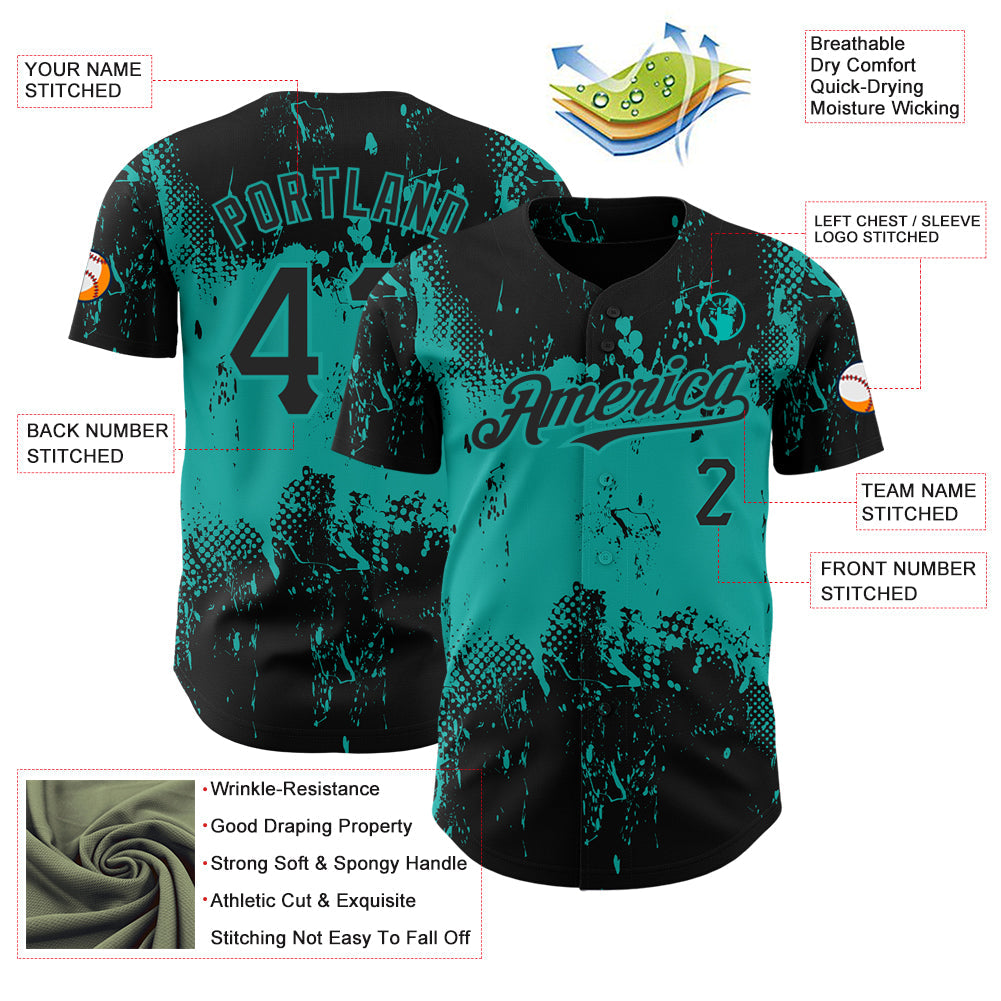 Custom Black Aqua 3D Pattern Design Abstract Splatter Grunge Art Authentic Baseball Jersey view 3