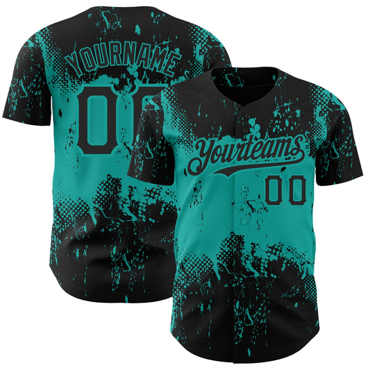 Custom Black Aqua 3D Pattern Design Abstract Splatter Grunge Art Authentic Baseball Jersey - Main View