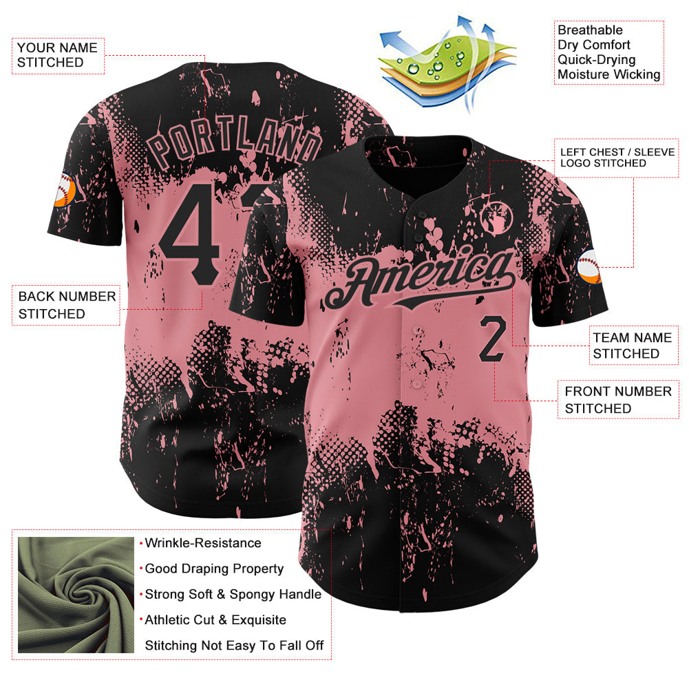 Custom Black Medium Pink 3D Pattern Design Abstract Splatter Grunge Art Authentic Baseball Jersey view 3