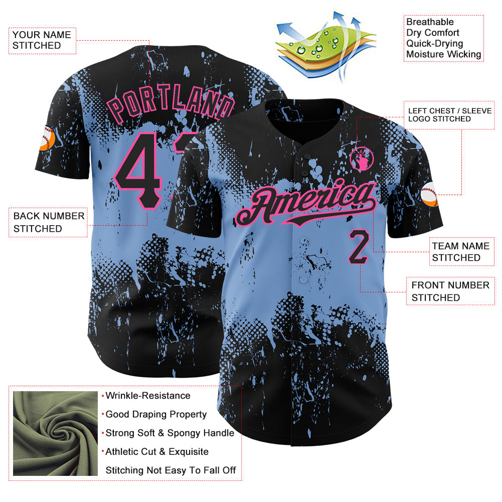Custom Black Light Blue-Pink 3D Pattern Design Abstract Splatter Grunge Art Authentic Baseball Jersey view 3