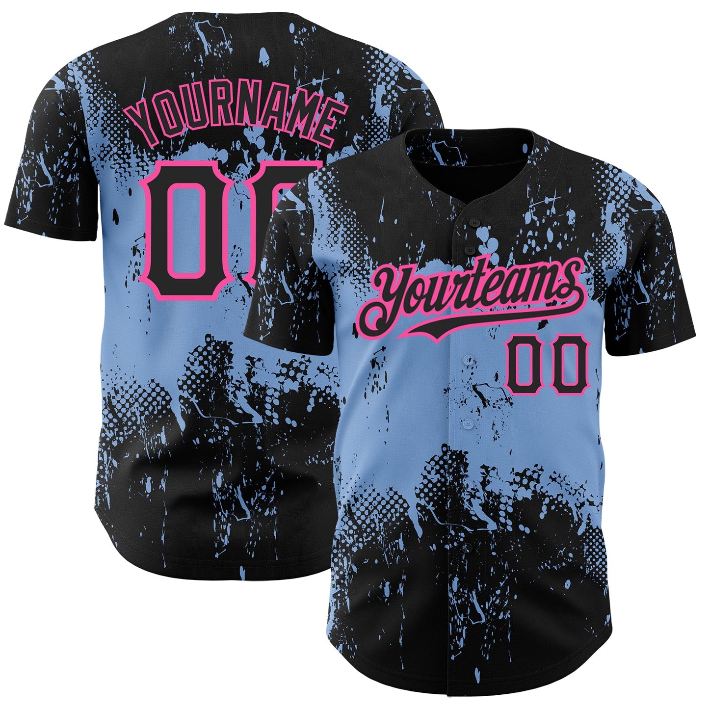 Custom Black Light Blue-Pink 3D Pattern Design Abstract Splatter Grunge Art Authentic Baseball Jersey - Main View