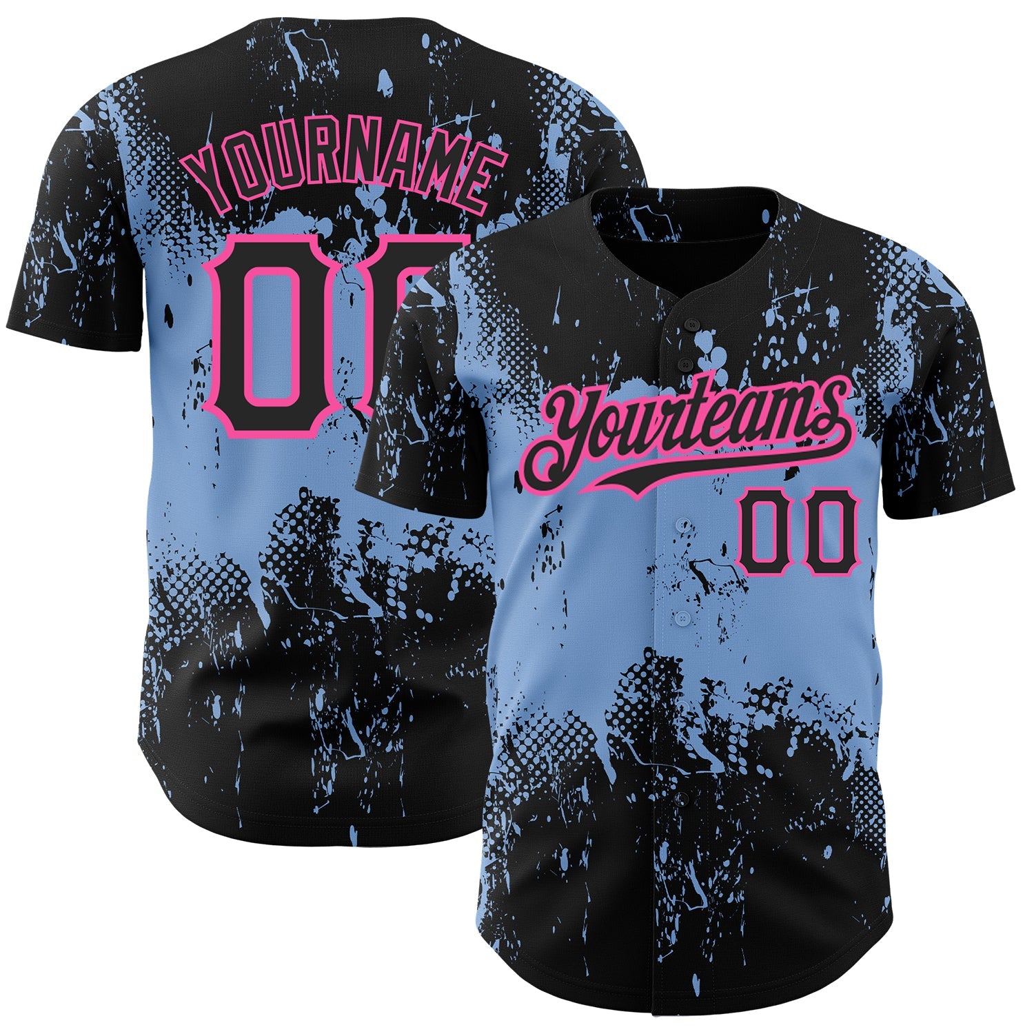 Custom Black Light Blue-Pink 3D Pattern Design Abstract Splatter Grunge Art Authentic Baseball Jersey - Main View
