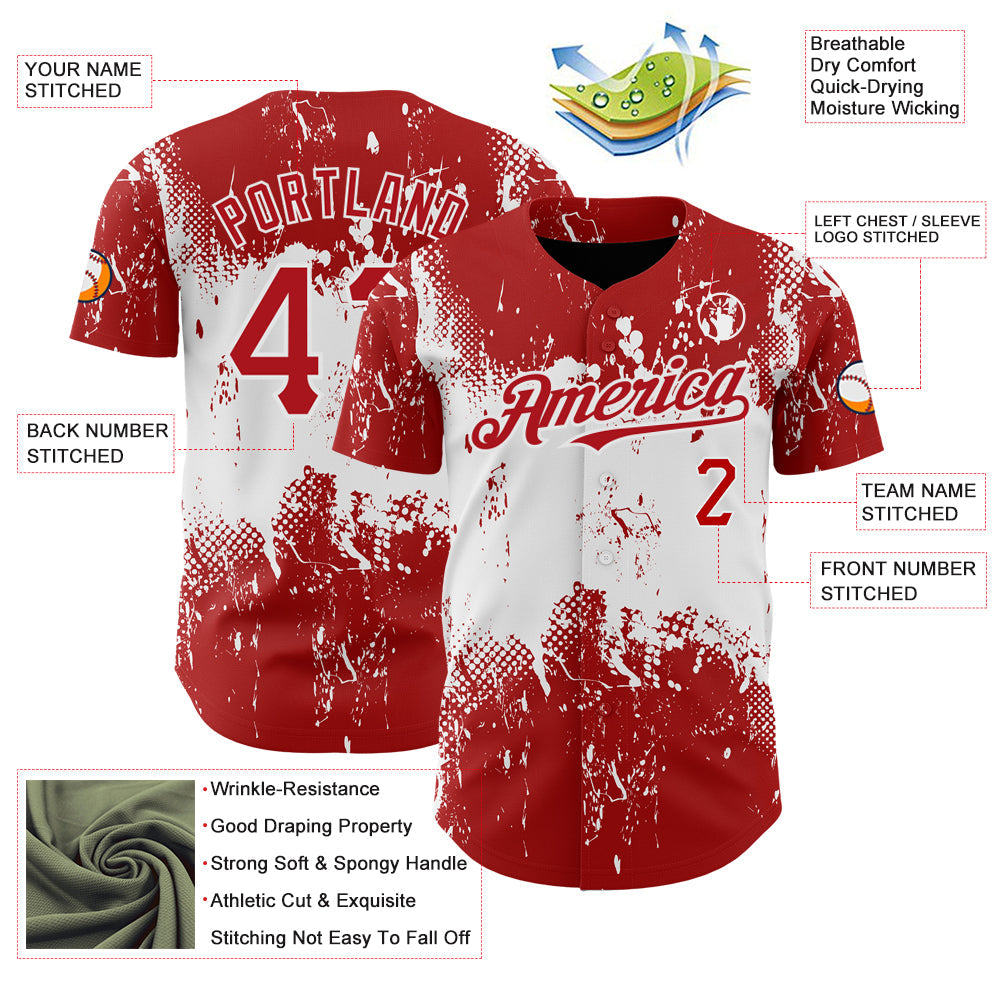 Custom Red White 3D Pattern Design Abstract Splatter Grunge Art Authentic Baseball Jersey view 3