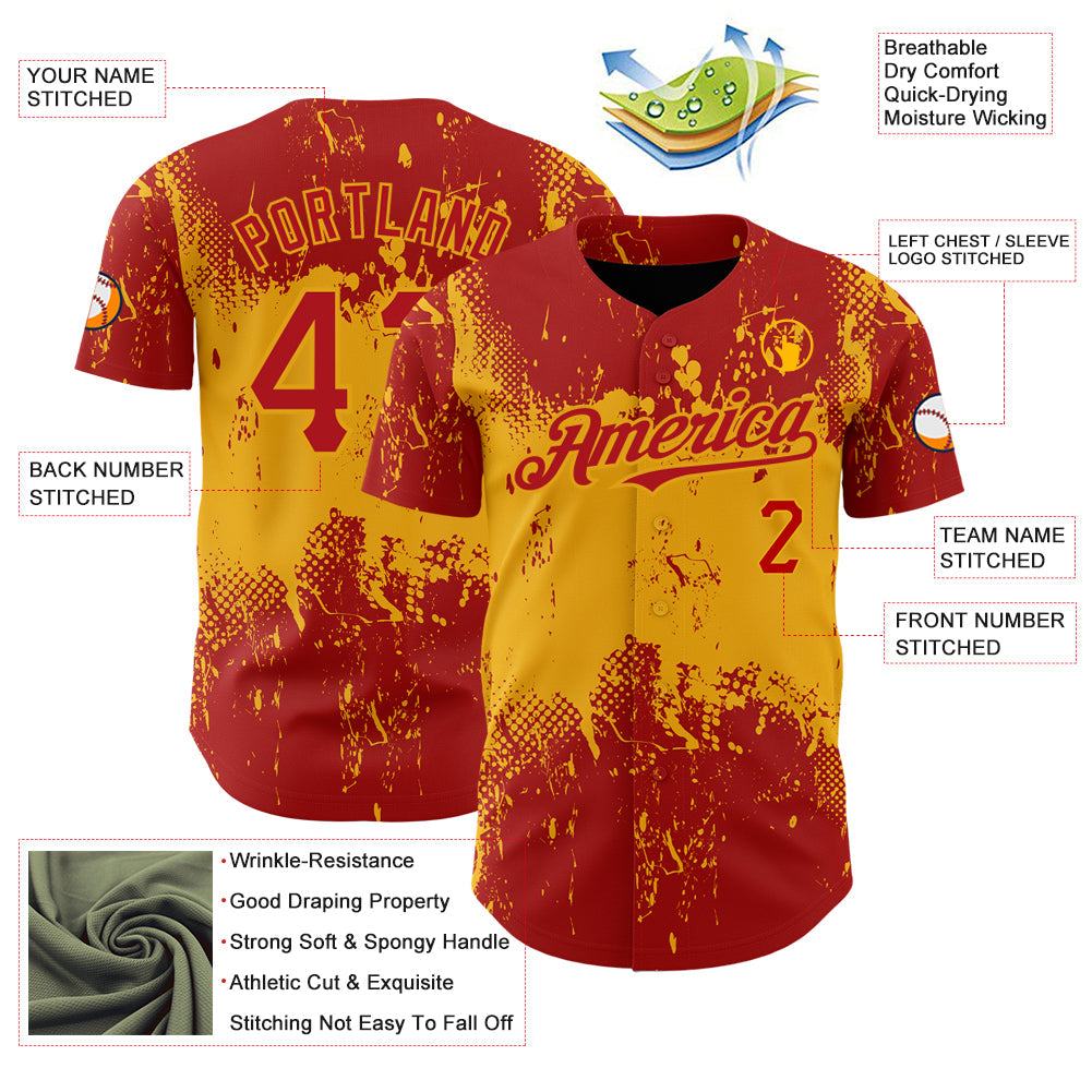Custom Red Gold 3D Pattern Design Abstract Splatter Grunge Art Authentic Baseball Jersey view 3