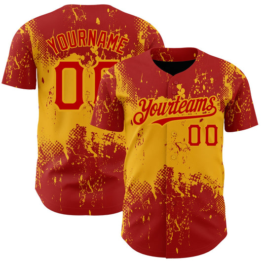 Custom Red Gold 3D Pattern Design Abstract Splatter Grunge Art Authentic Baseball Jersey - Main View