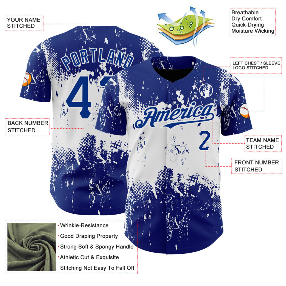 Custom Royal White 3D Pattern Design Abstract Splatter Grunge Art Authentic Baseball Jersey view 3
