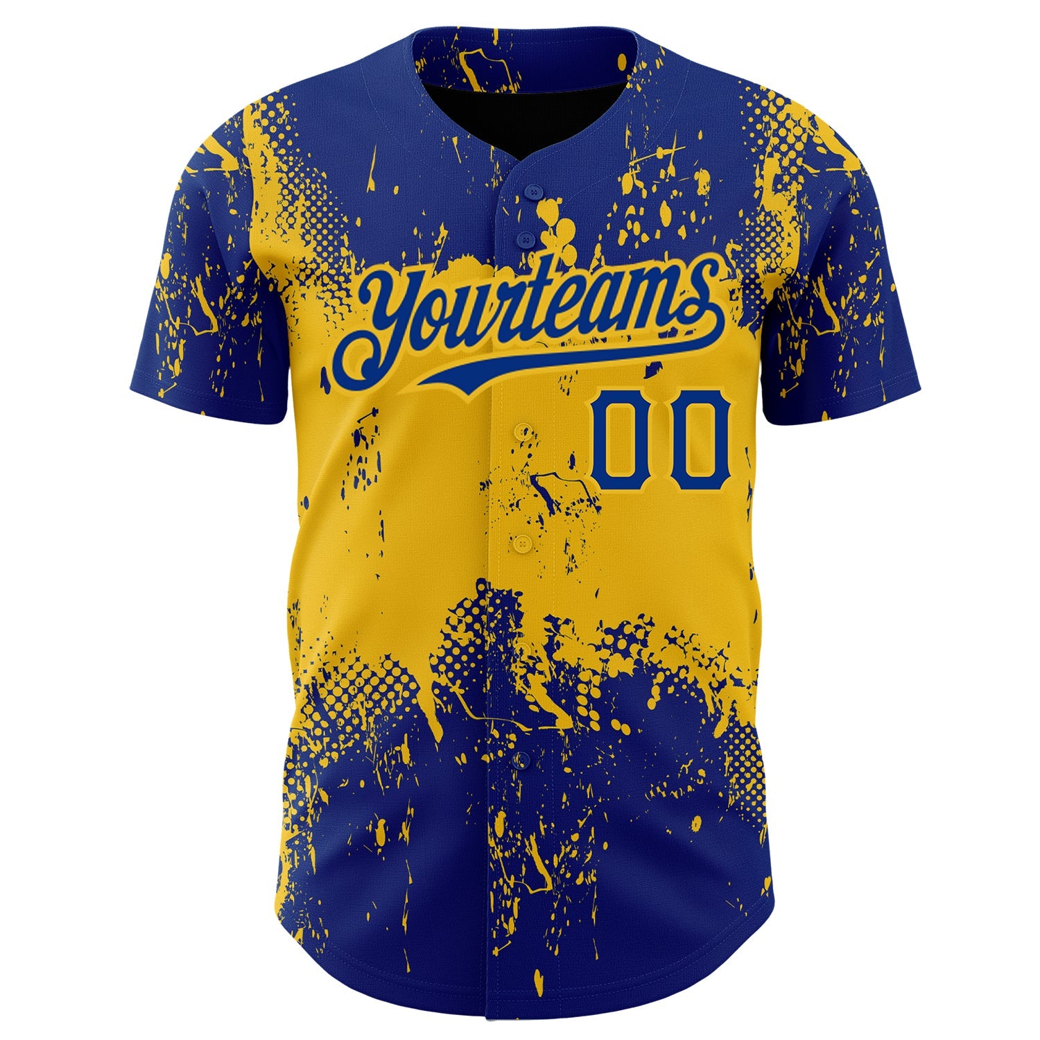 Custom Royal Yellow 3D Pattern Design Abstract Splatter Grunge Art Authentic Baseball Jersey view 2