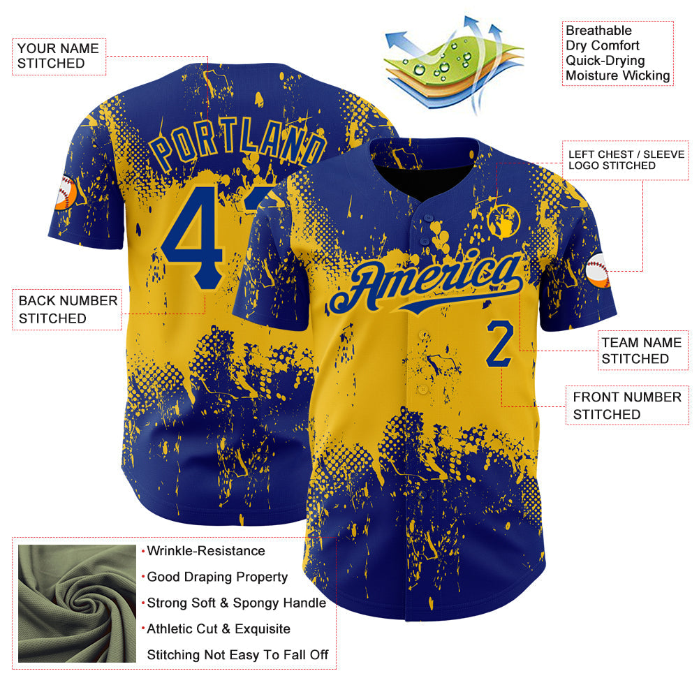 Custom Royal Yellow 3D Pattern Design Abstract Splatter Grunge Art Authentic Baseball Jersey view 3