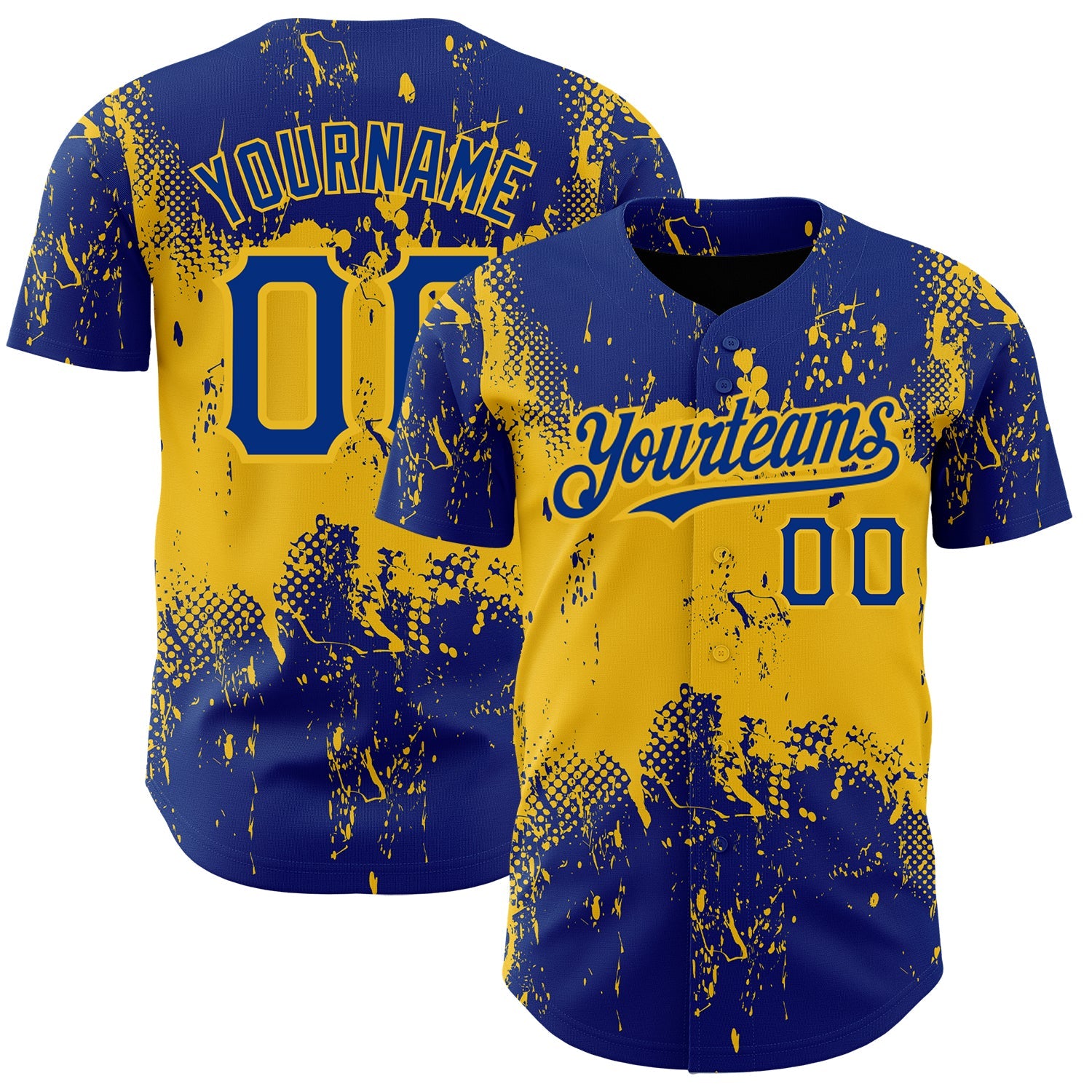 Custom Royal Yellow 3D Pattern Design Abstract Splatter Grunge Art Authentic Baseball Jersey - Main View