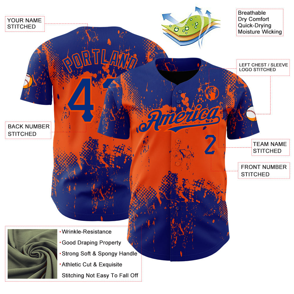 Custom Royal Orange 3D Pattern Design Abstract Splatter Grunge Art Authentic Baseball Jersey view 3