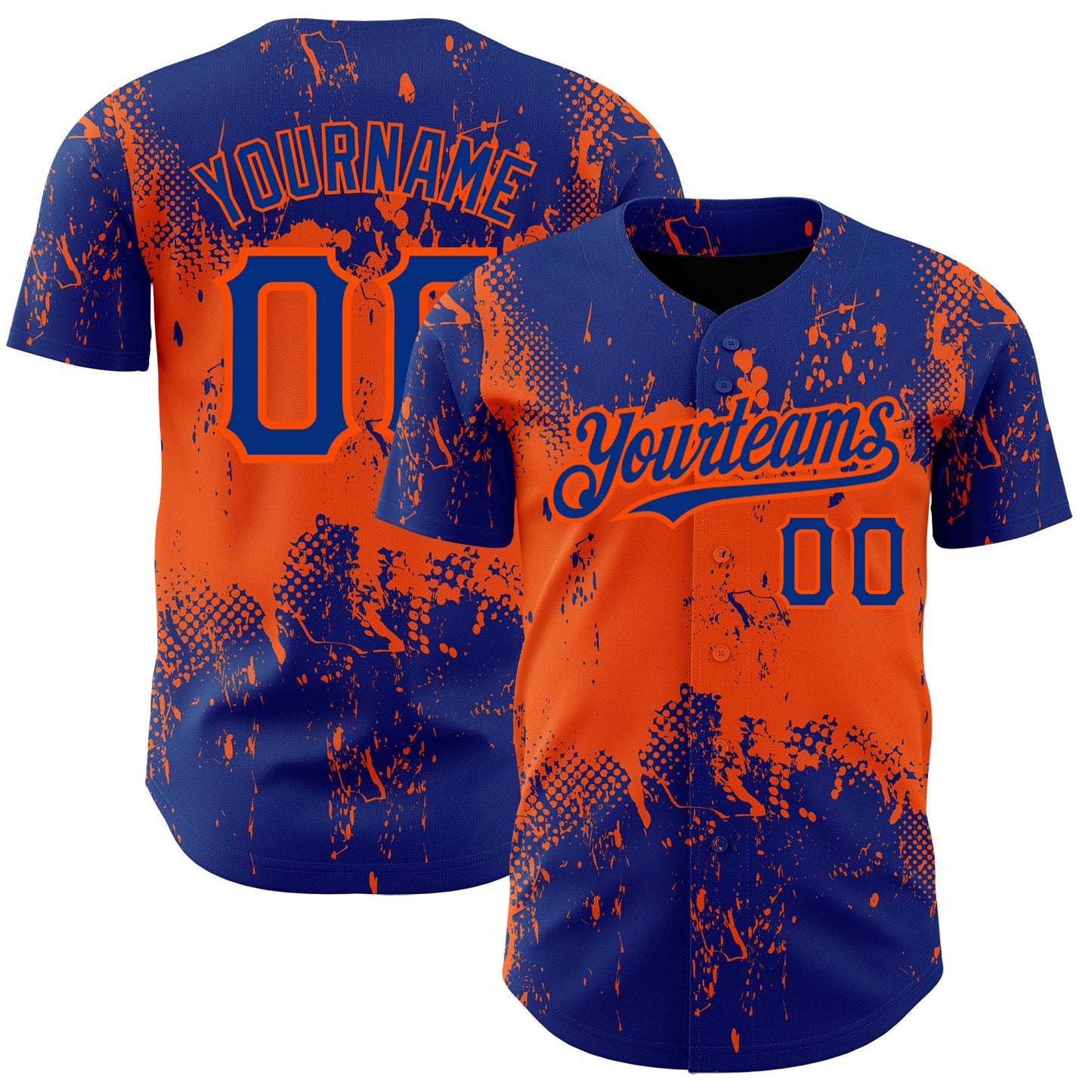 Custom Royal Orange 3D Pattern Design Abstract Splatter Grunge Art Authentic Baseball Jersey - Main View
