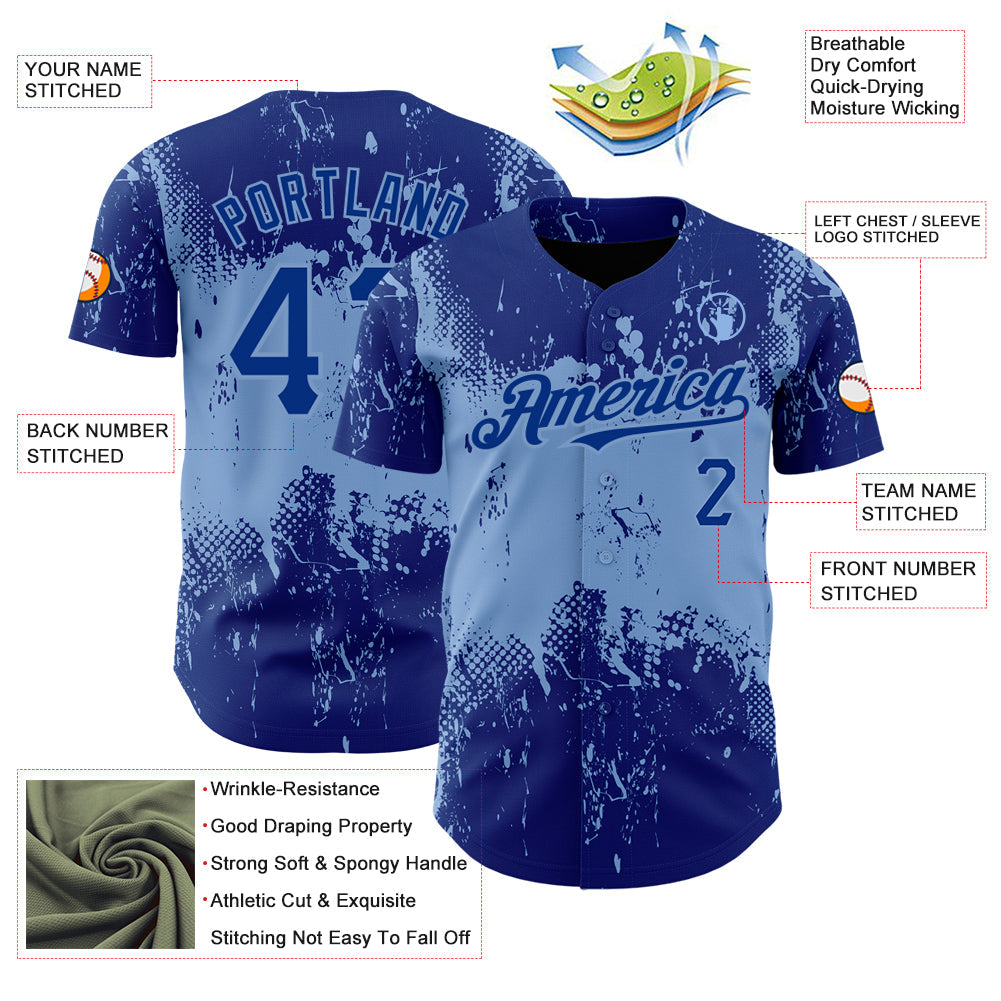 Custom Royal Light Blue 3D Pattern Design Abstract Splatter Grunge Art Authentic Baseball Jersey view 3