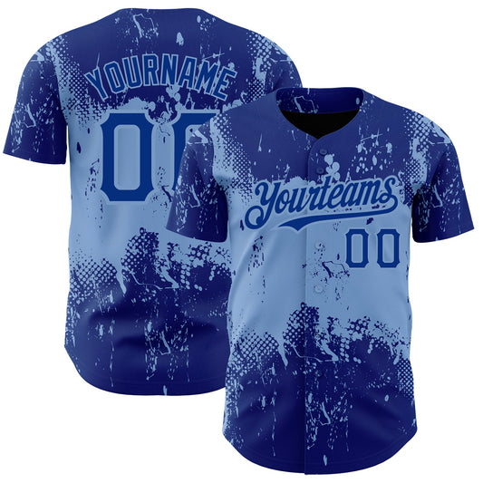 Custom Royal Light Blue 3D Pattern Design Abstract Splatter Grunge Art Authentic Baseball Jersey - Main View