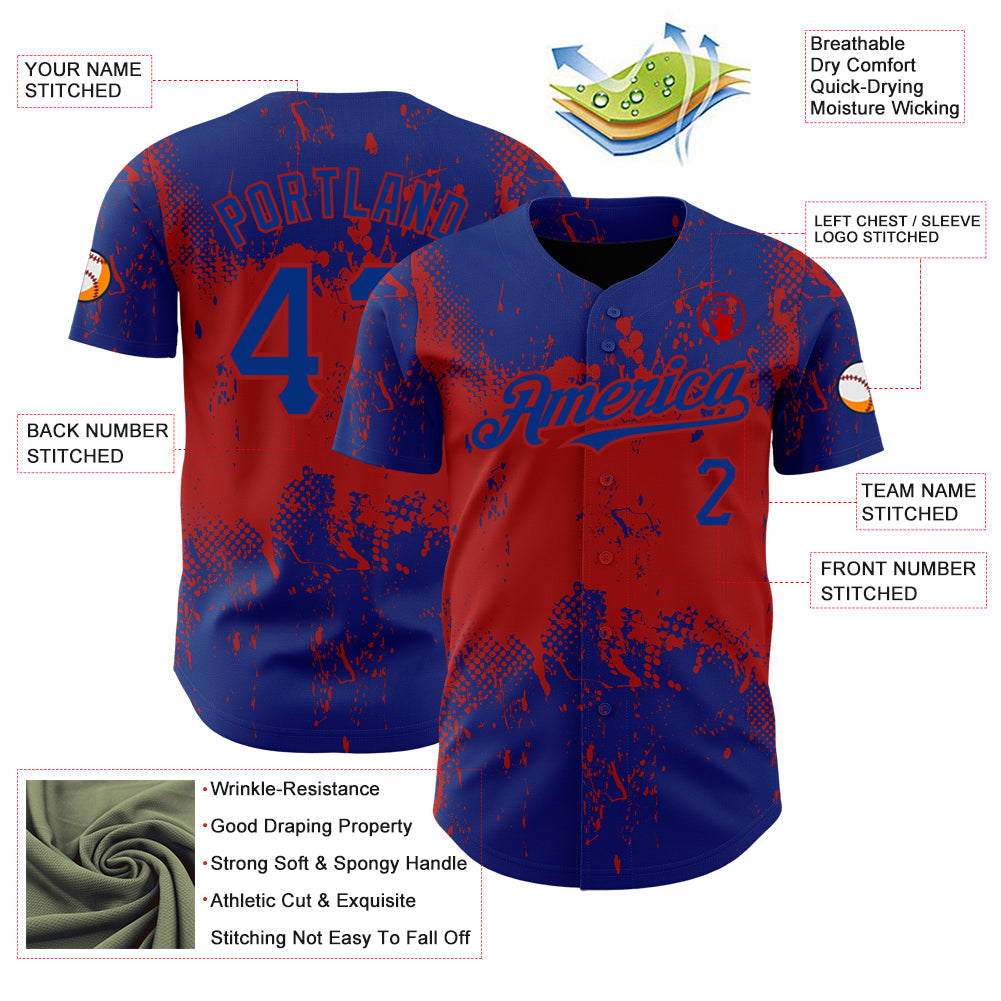 Custom Royal Red 3D Pattern Design Abstract Splatter Grunge Art Authentic Baseball Jersey view 3