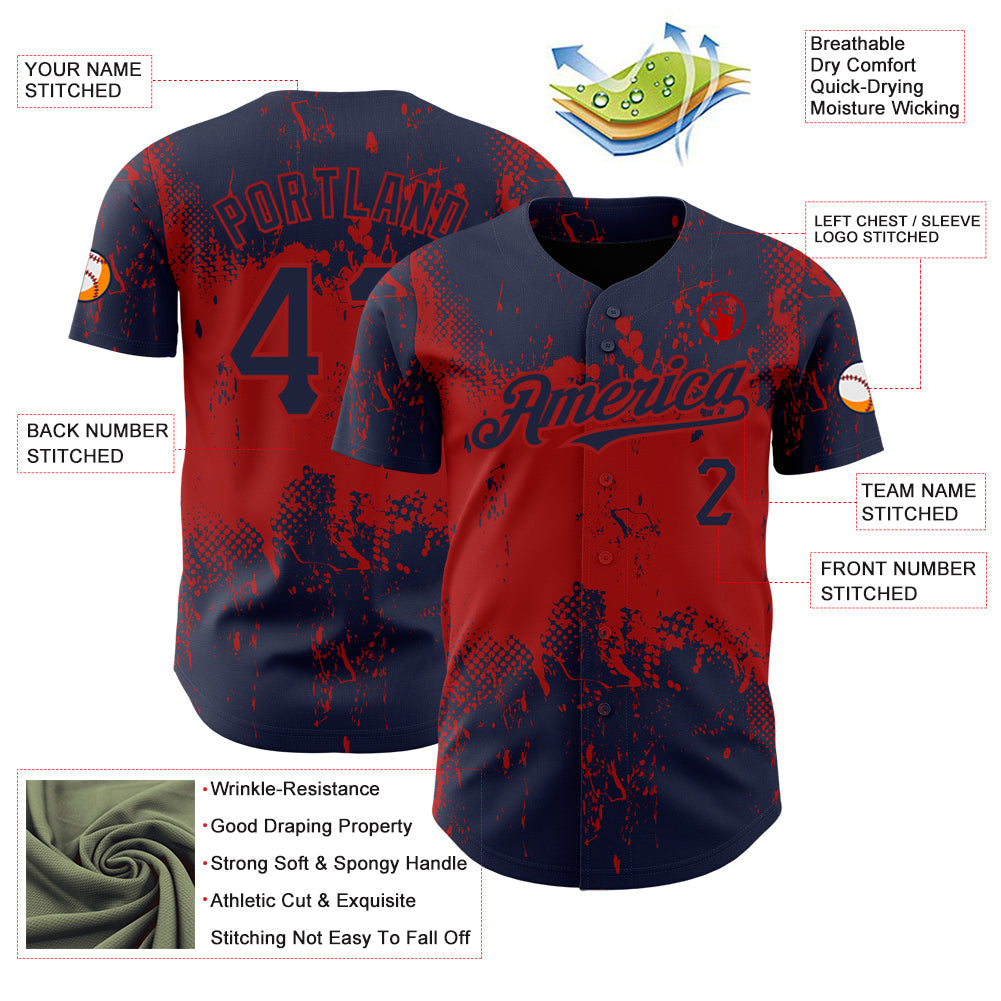 Custom Navy Red 3D Pattern Design Abstract Splatter Grunge Art Authentic Baseball Jersey view 3