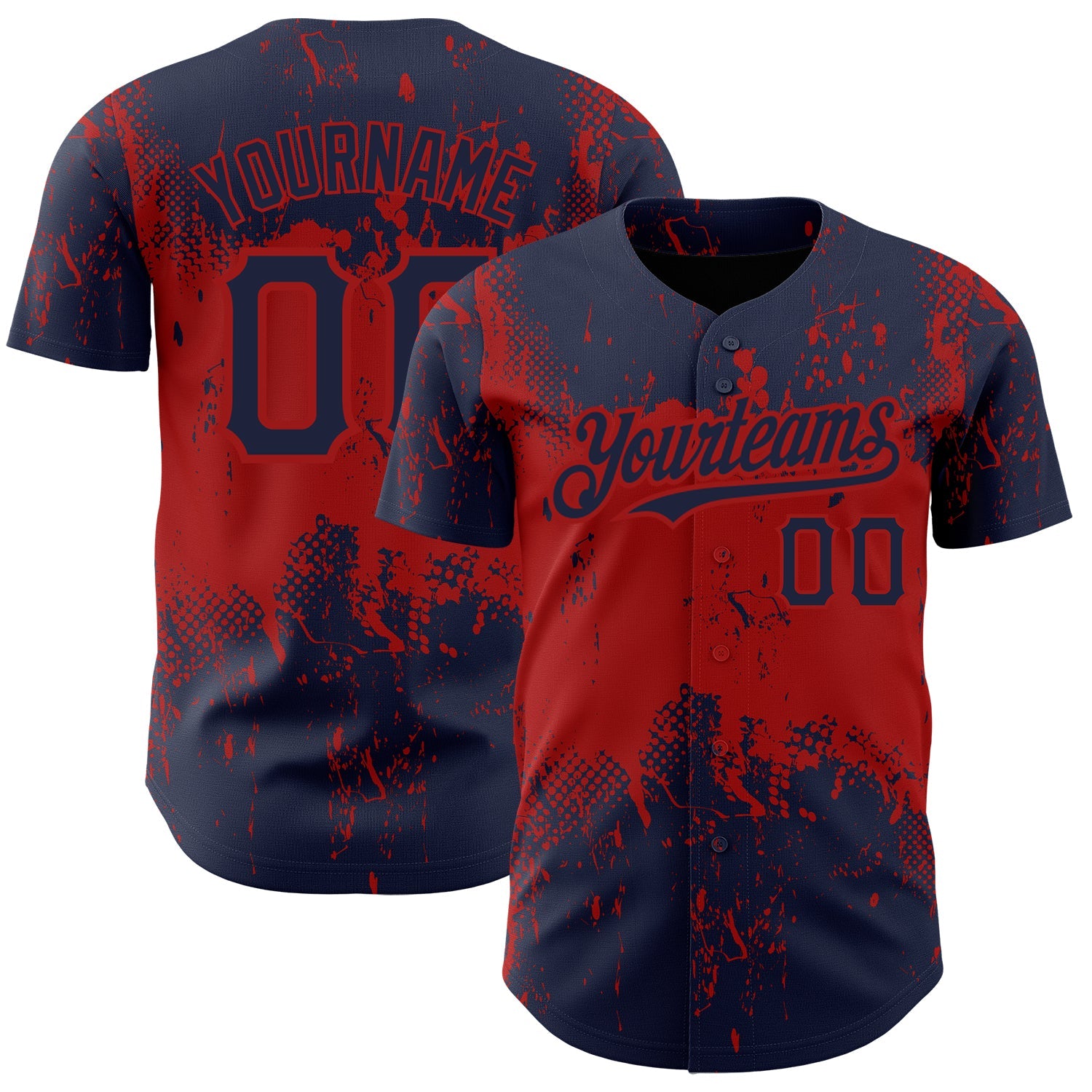 Custom Navy Red 3D Pattern Design Abstract Splatter Grunge Art Authentic Baseball Jersey - Main View