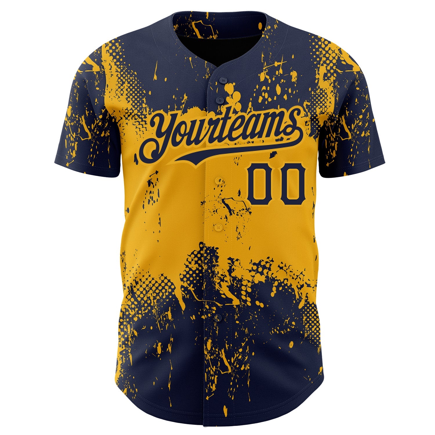 Custom Navy Gold 3D Pattern Design Abstract Splatter Grunge Art Authentic Baseball Jersey view 2