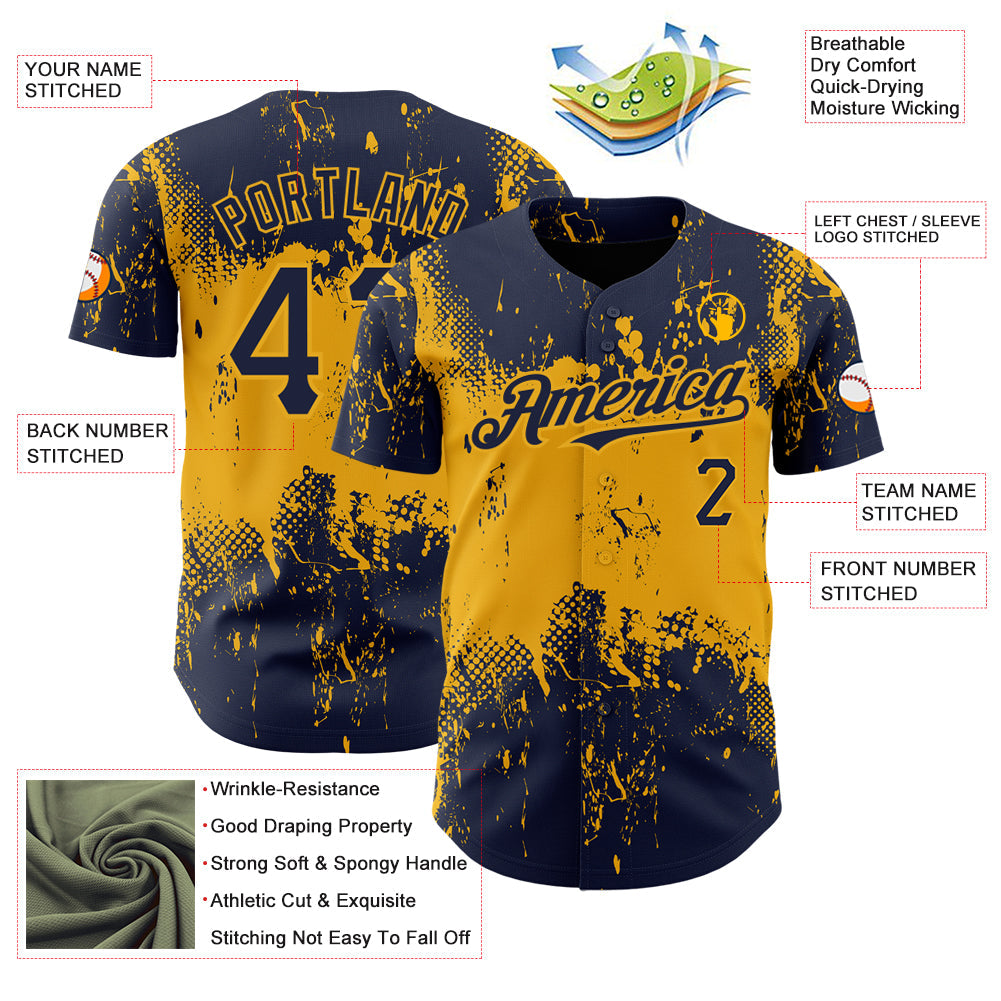 Custom Navy Gold 3D Pattern Design Abstract Splatter Grunge Art Authentic Baseball Jersey view 3