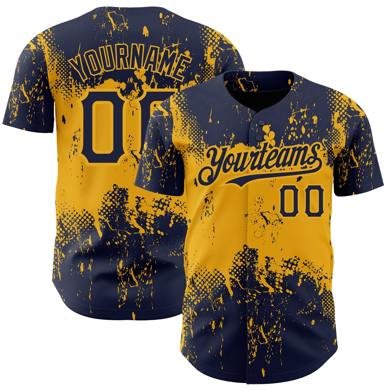 Custom Navy Gold 3D Pattern Design Abstract Splatter Grunge Art Authentic Baseball Jersey - Main View