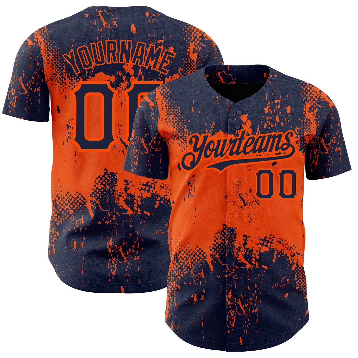 Custom Navy Orange 3D Pattern Design Abstract Splatter Grunge Art Authentic Baseball Jersey - Main View