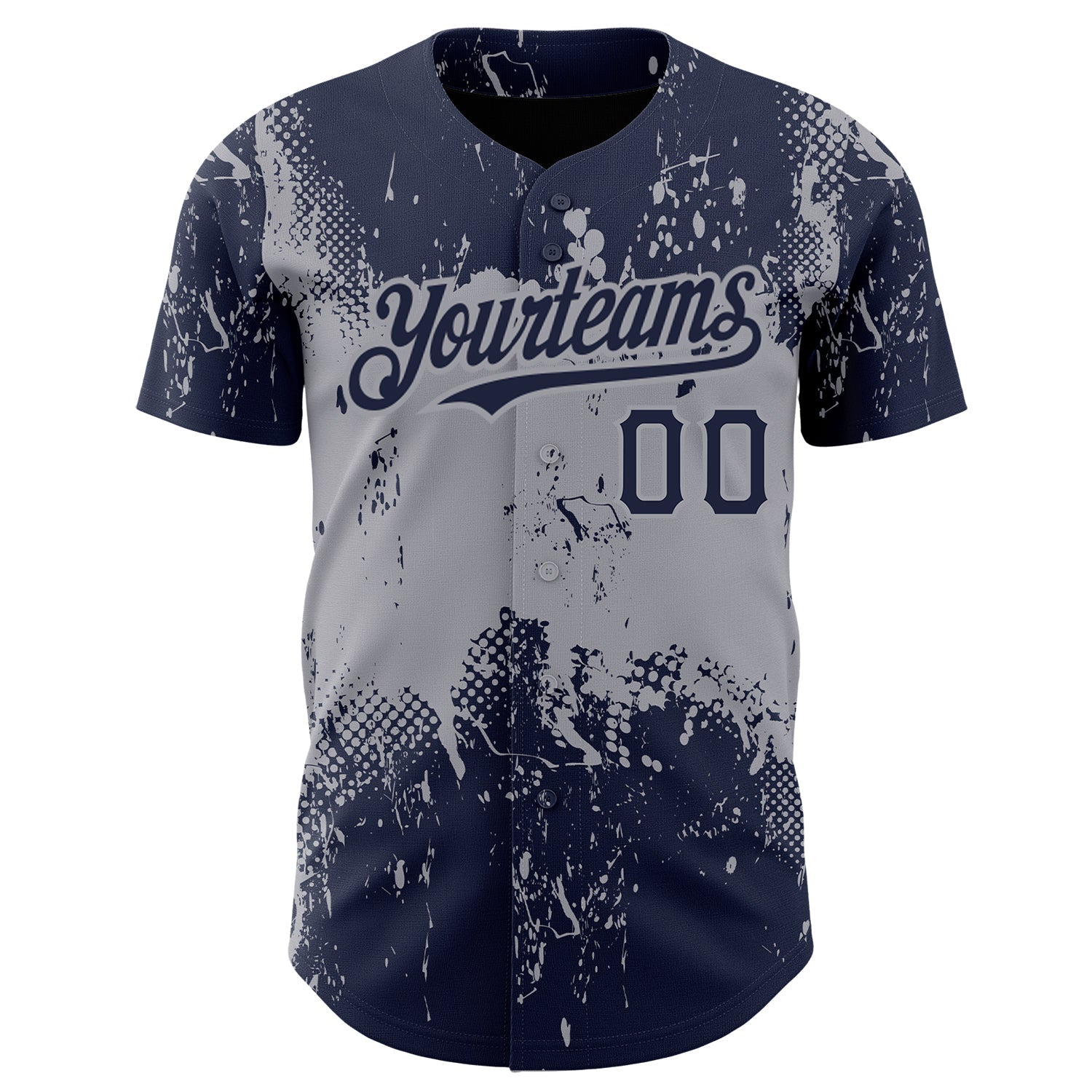 Custom Navy Gray 3D Pattern Design Abstract Splatter Grunge Art Authentic Baseball Jersey view 2