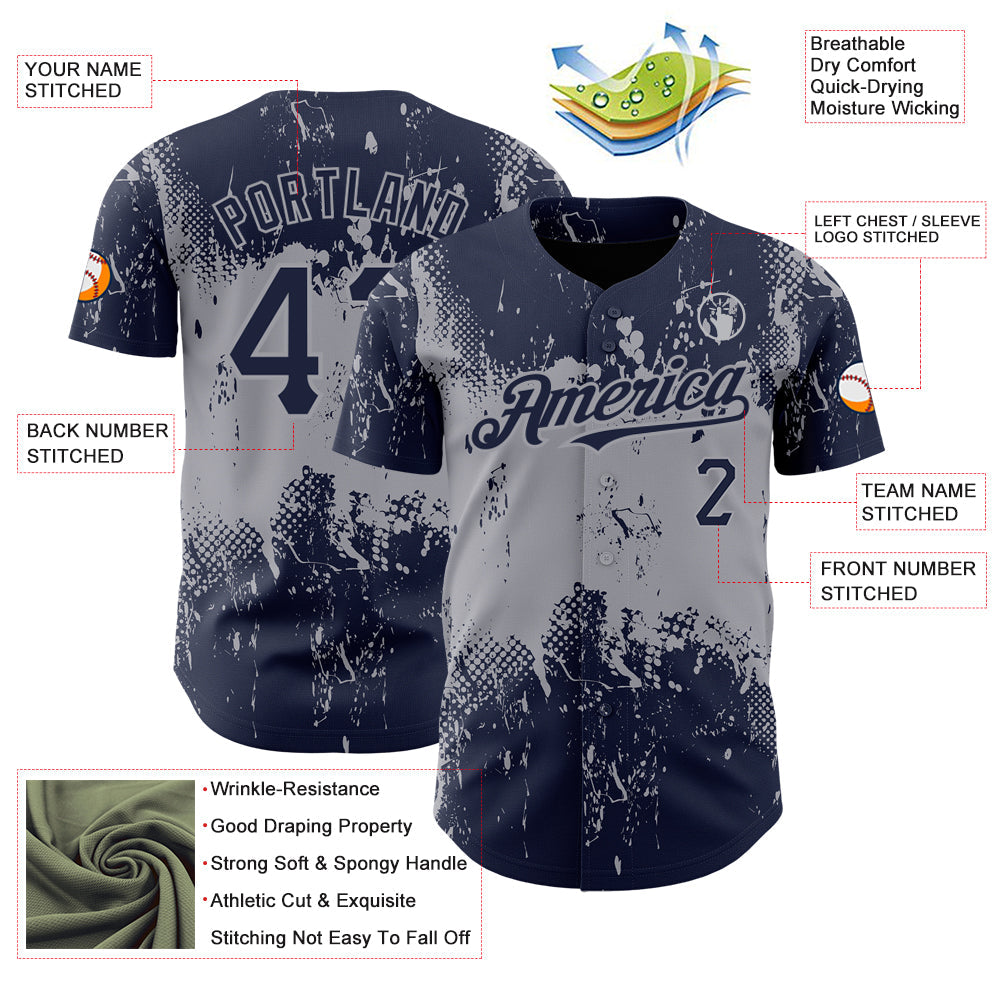 Custom Navy Gray 3D Pattern Design Abstract Splatter Grunge Art Authentic Baseball Jersey view 3
