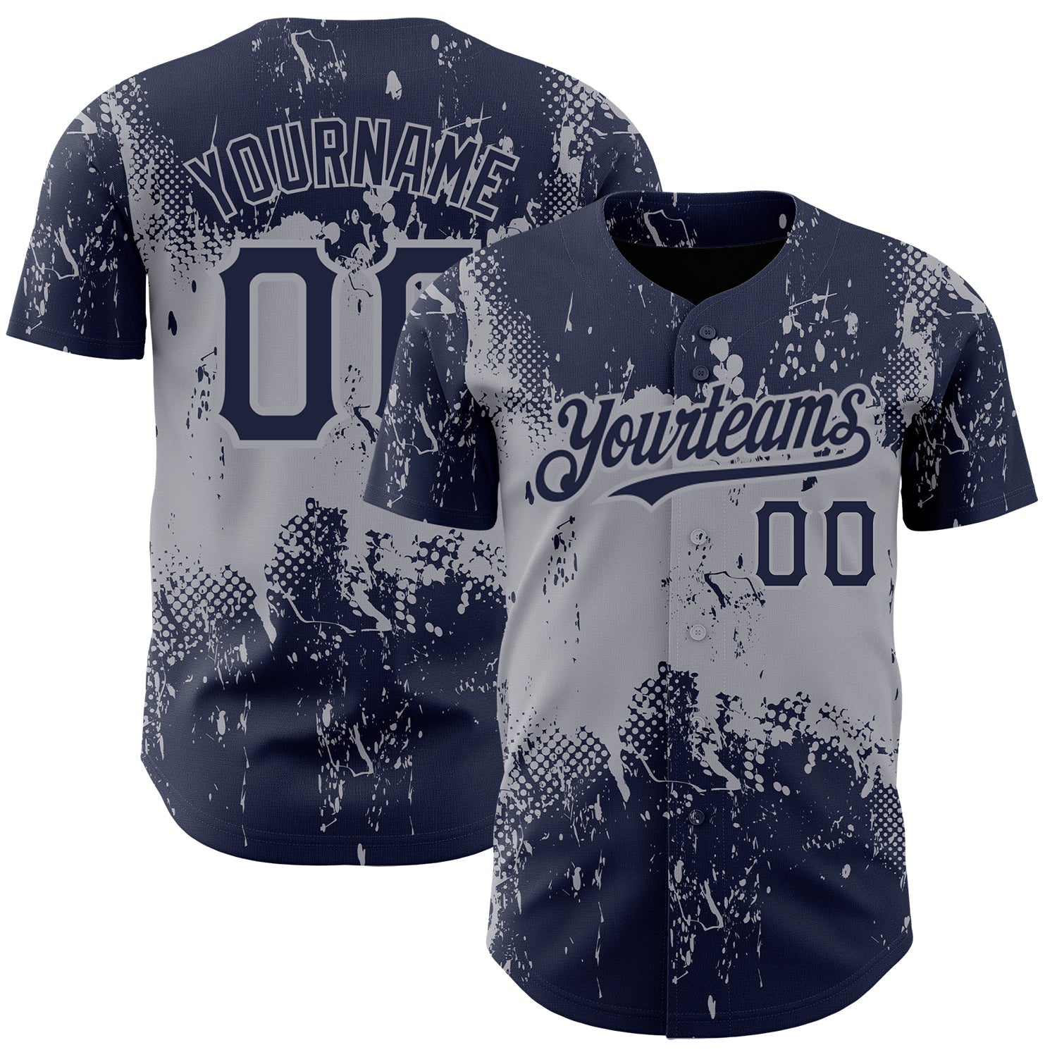 Custom Navy Gray 3D Pattern Design Abstract Splatter Grunge Art Authentic Baseball Jersey - Main View