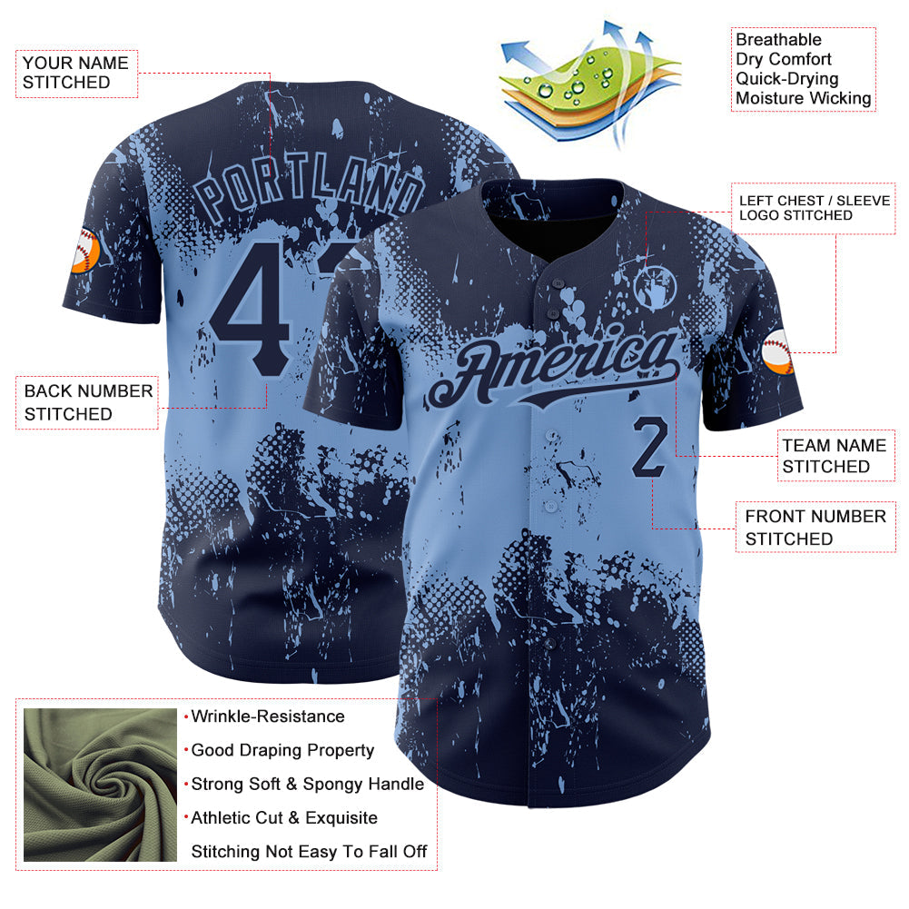 Custom Navy Light Blue 3D Pattern Design Abstract Splatter Grunge Art Authentic Baseball Jersey view 3