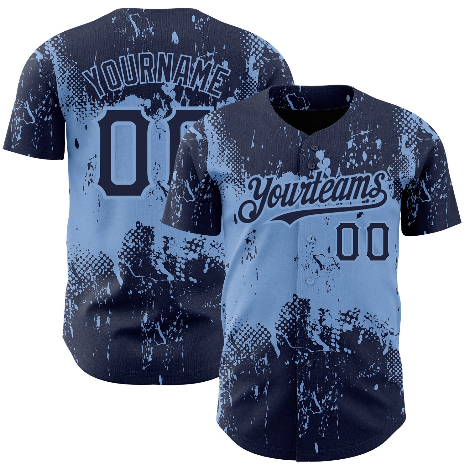 Custom Navy Light Blue 3D Pattern Design Abstract Splatter Grunge Art Authentic Baseball Jersey - Main View