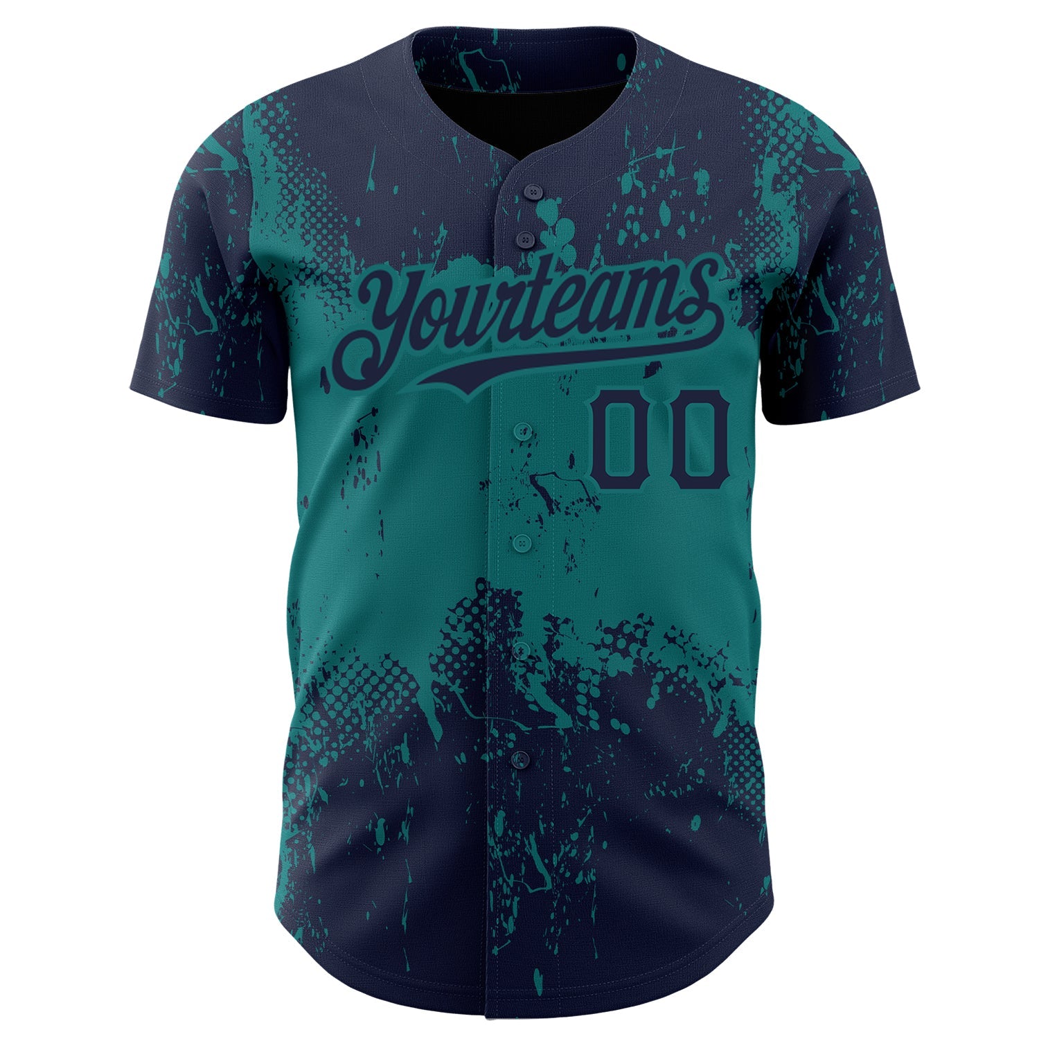 Custom Navy Teal 3D Pattern Design Abstract Splatter Grunge Art Authentic Baseball Jersey view 2