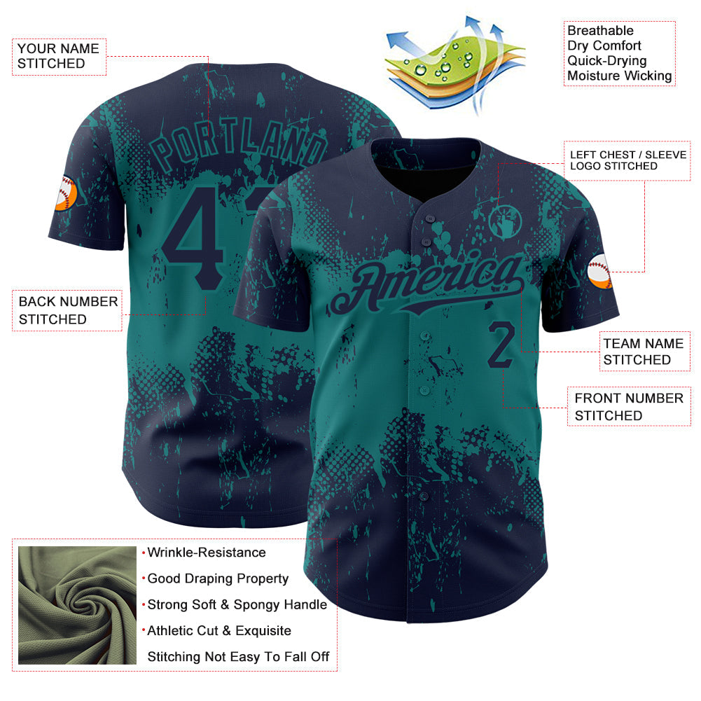 Custom Navy Teal 3D Pattern Design Abstract Splatter Grunge Art Authentic Baseball Jersey view 3