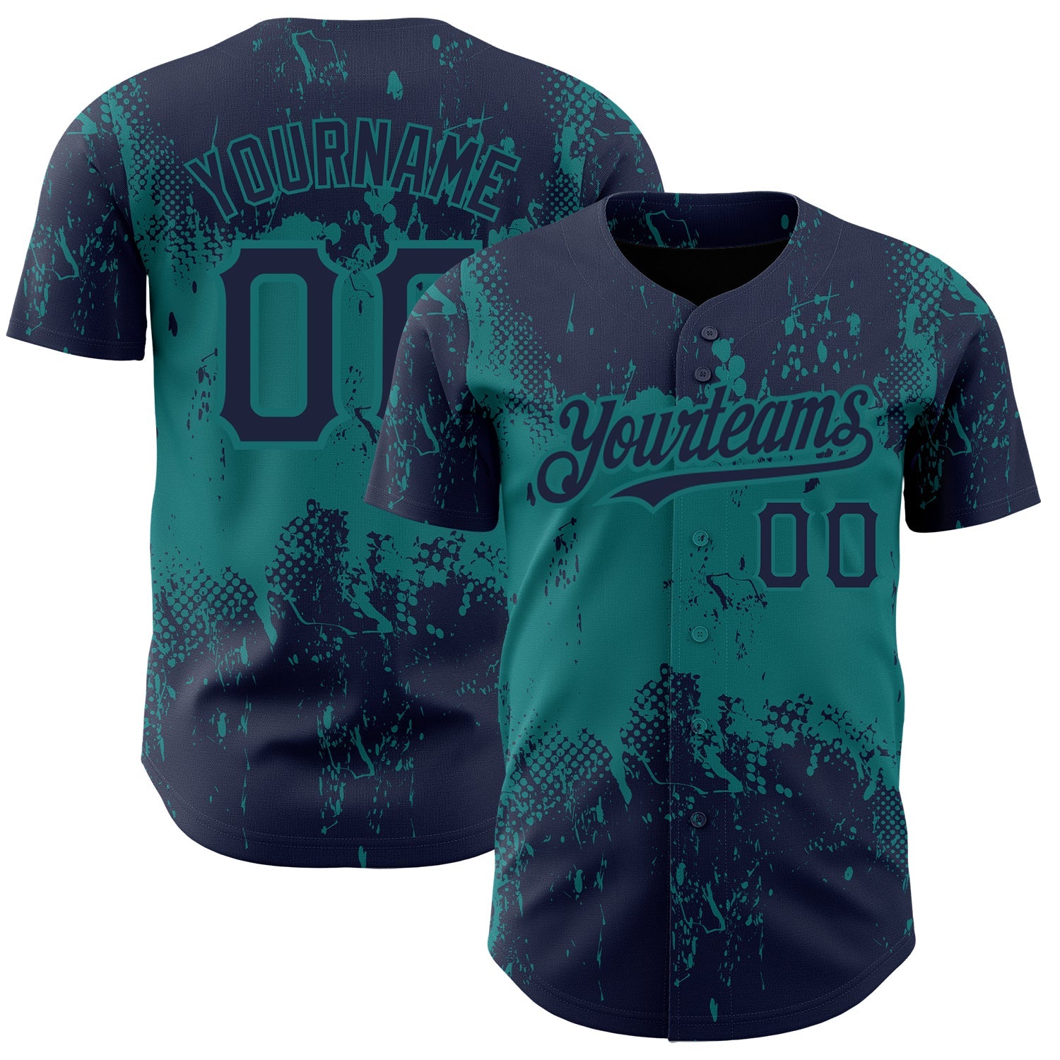 Custom Navy Teal 3D Pattern Design Abstract Splatter Grunge Art Authentic Baseball Jersey - Main View