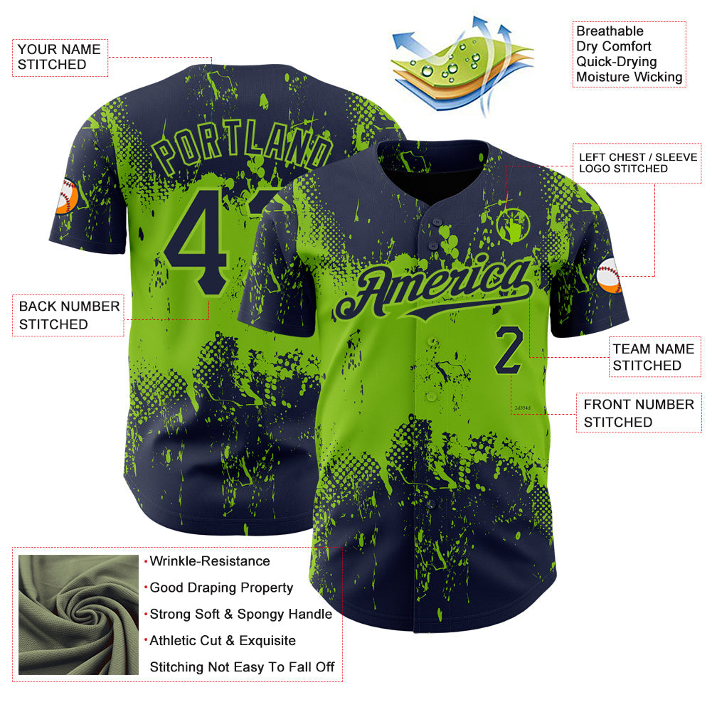 Custom Navy Neon Green 3D Pattern Design Abstract Splatter Grunge Art Authentic Baseball Jersey view 3