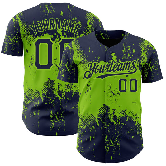 Custom Navy Neon Green 3D Pattern Design Abstract Splatter Grunge Art Authentic Baseball Jersey - Main View