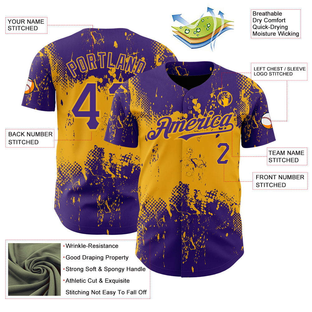 Custom Purple Gold 3D Pattern Design Abstract Splatter Grunge Art Authentic Baseball Jersey view 3