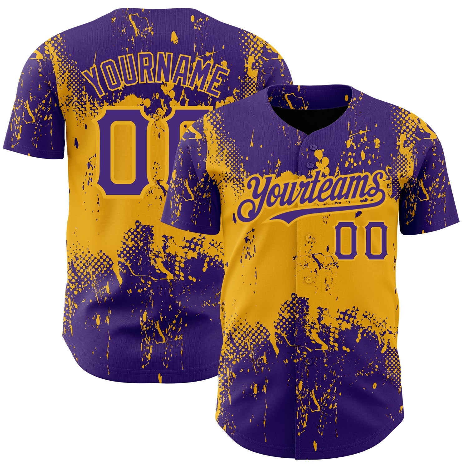 Custom Purple Gold 3D Pattern Design Abstract Splatter Grunge Art Authentic Baseball Jersey - Main View