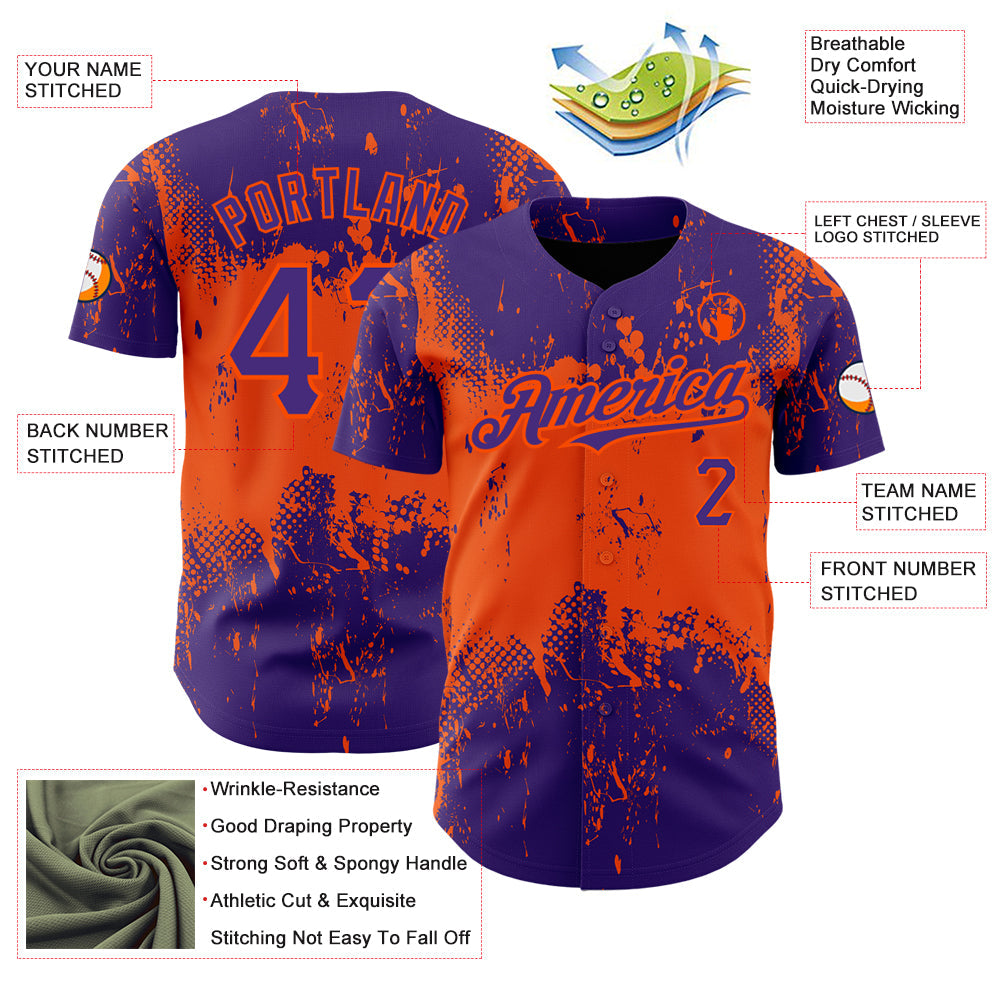 Custom Purple Orange 3D Pattern Design Abstract Splatter Grunge Art Authentic Baseball Jersey view 3