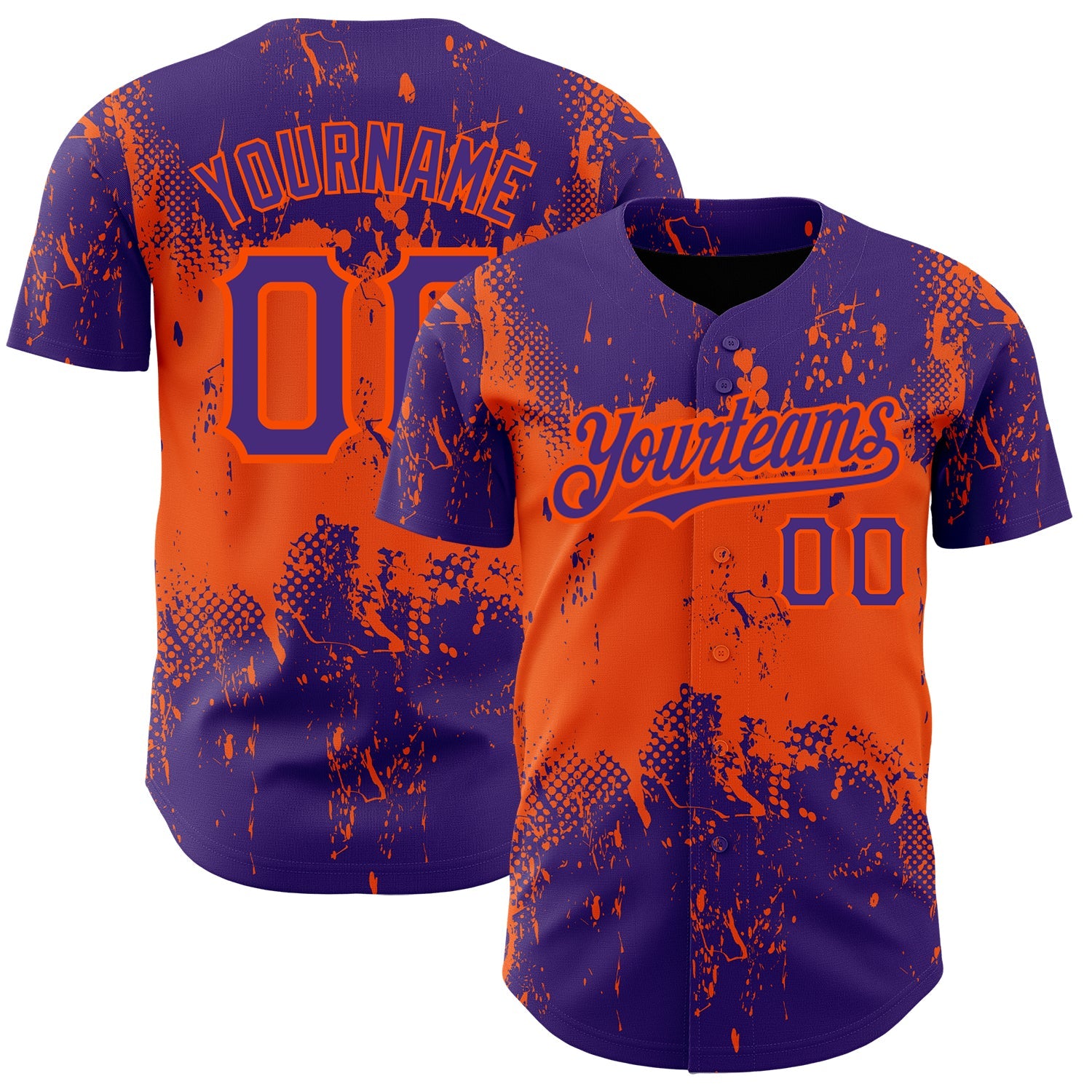 Custom Purple Orange 3D Pattern Design Abstract Splatter Grunge Art Authentic Baseball Jersey - Main View