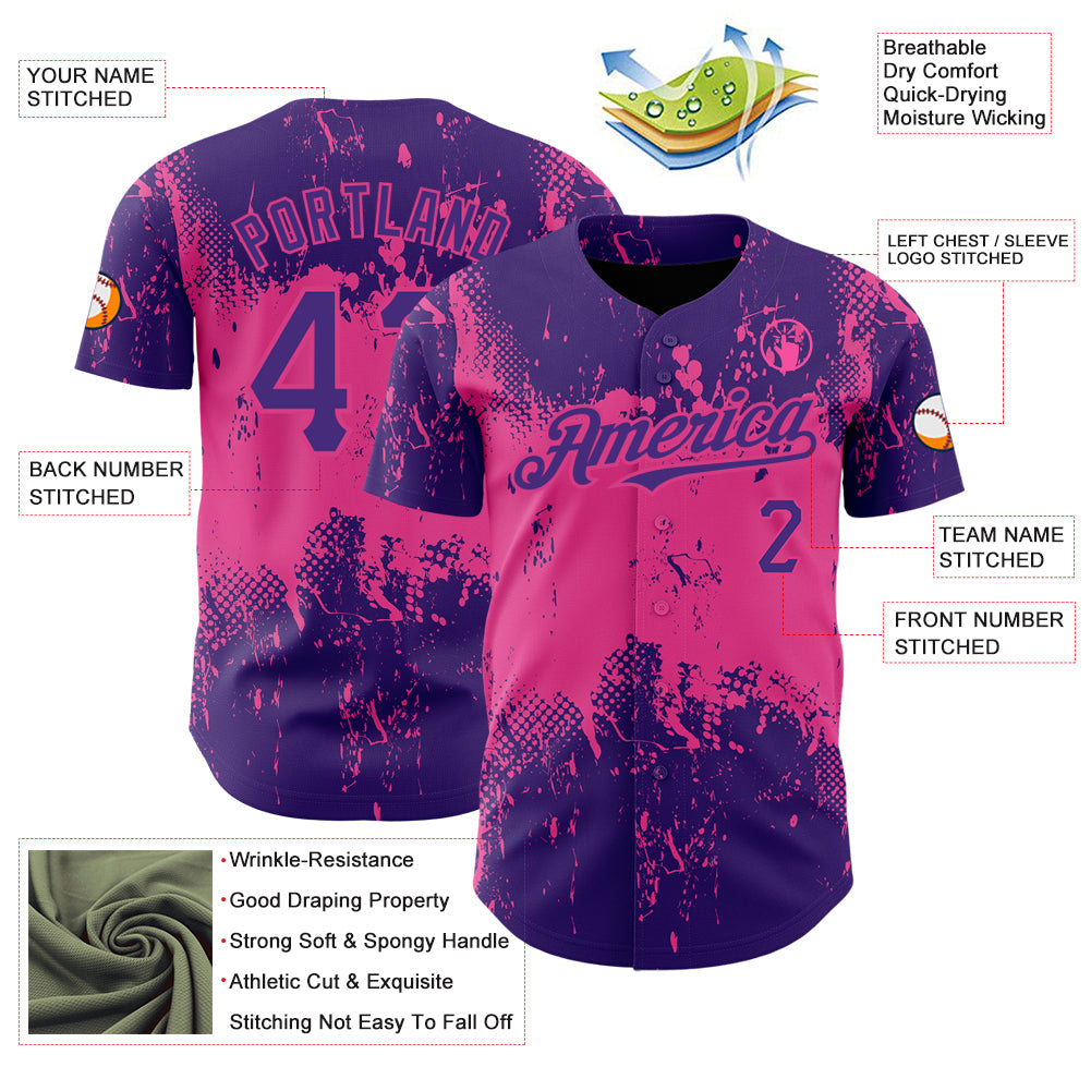 Custom Purple Pink 3D Pattern Design Abstract Splatter Grunge Art Authentic Baseball Jersey view 3