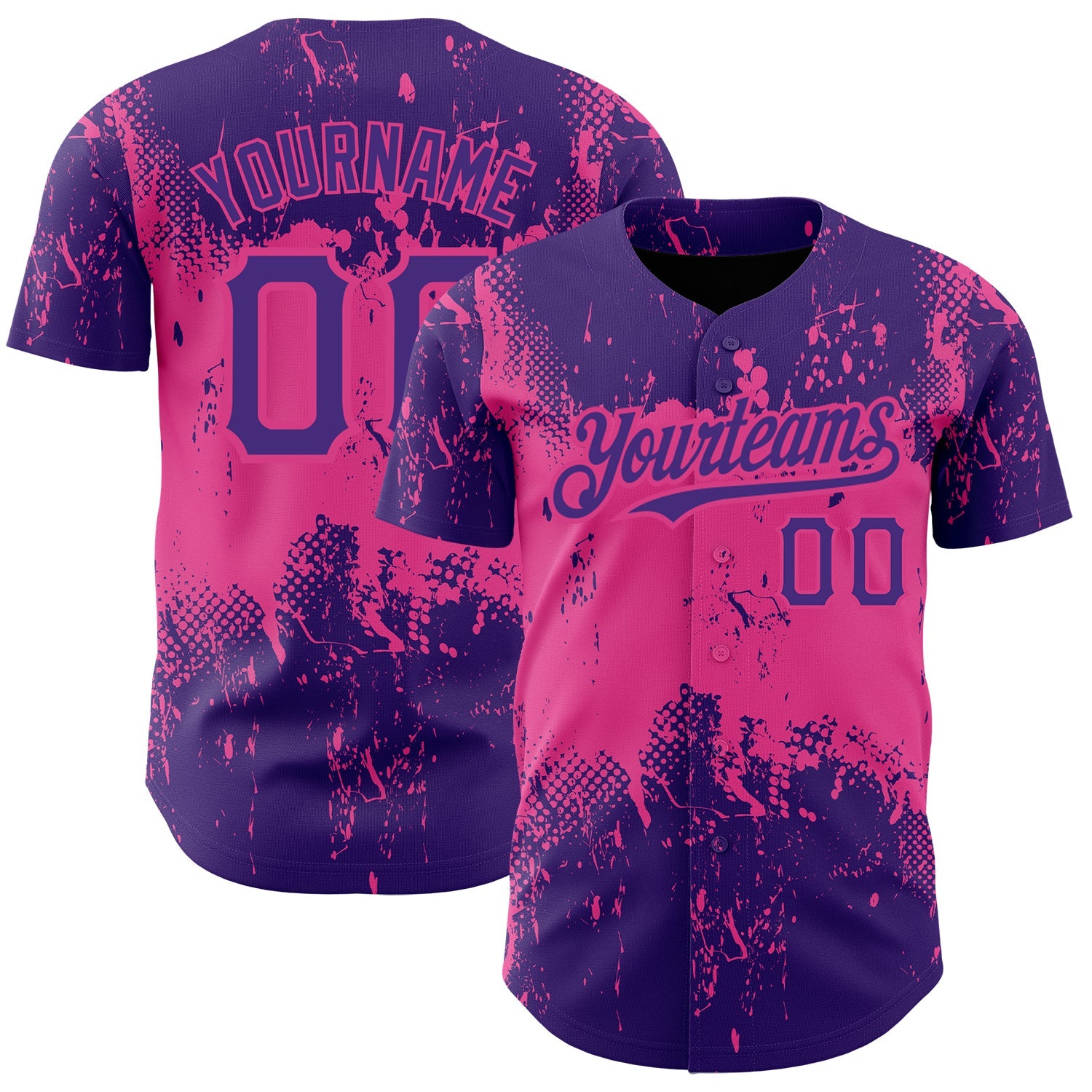 Custom Purple Pink 3D Pattern Design Abstract Splatter Grunge Art Authentic Baseball Jersey - Main View
