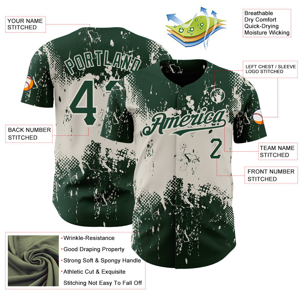 Custom Green Cream 3D Pattern Design Abstract Splatter Grunge Art Authentic Baseball Jersey view 3