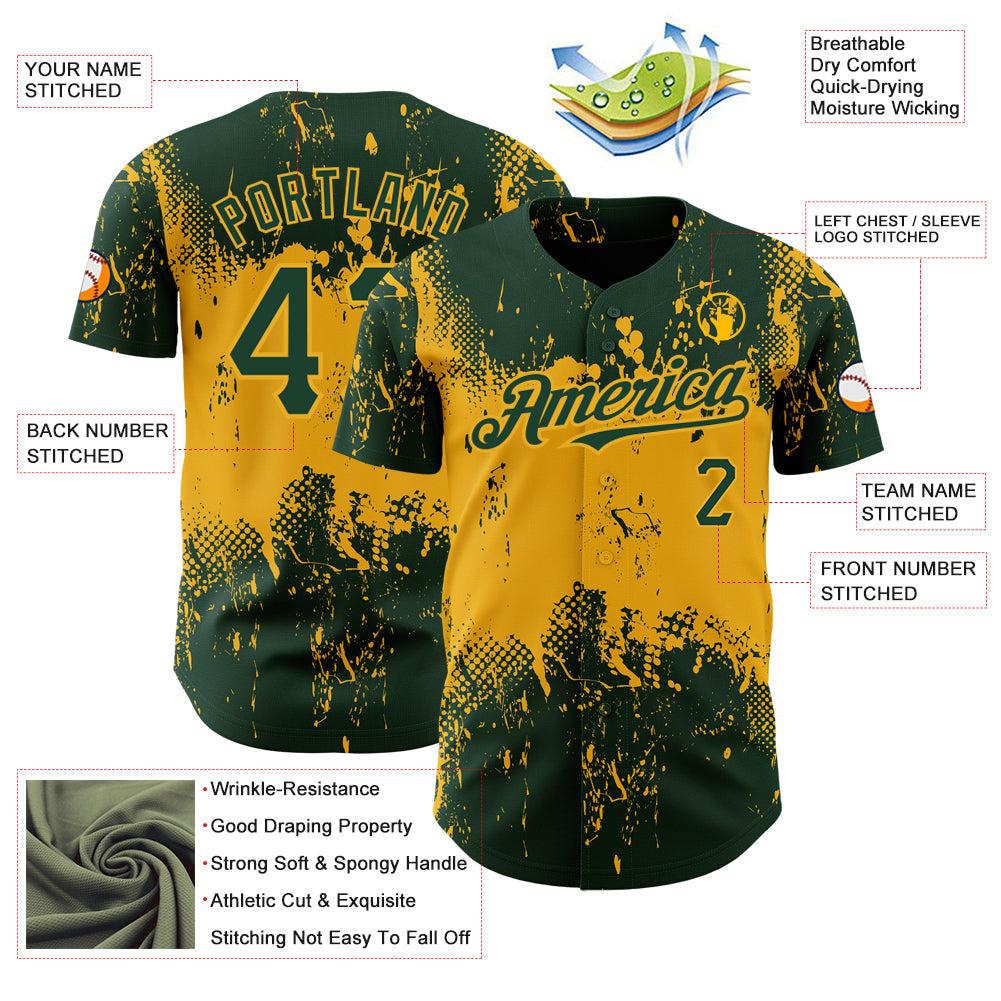 Custom Green Gold 3D Pattern Design Abstract Splatter Grunge Art Authentic Baseball Jersey view 3