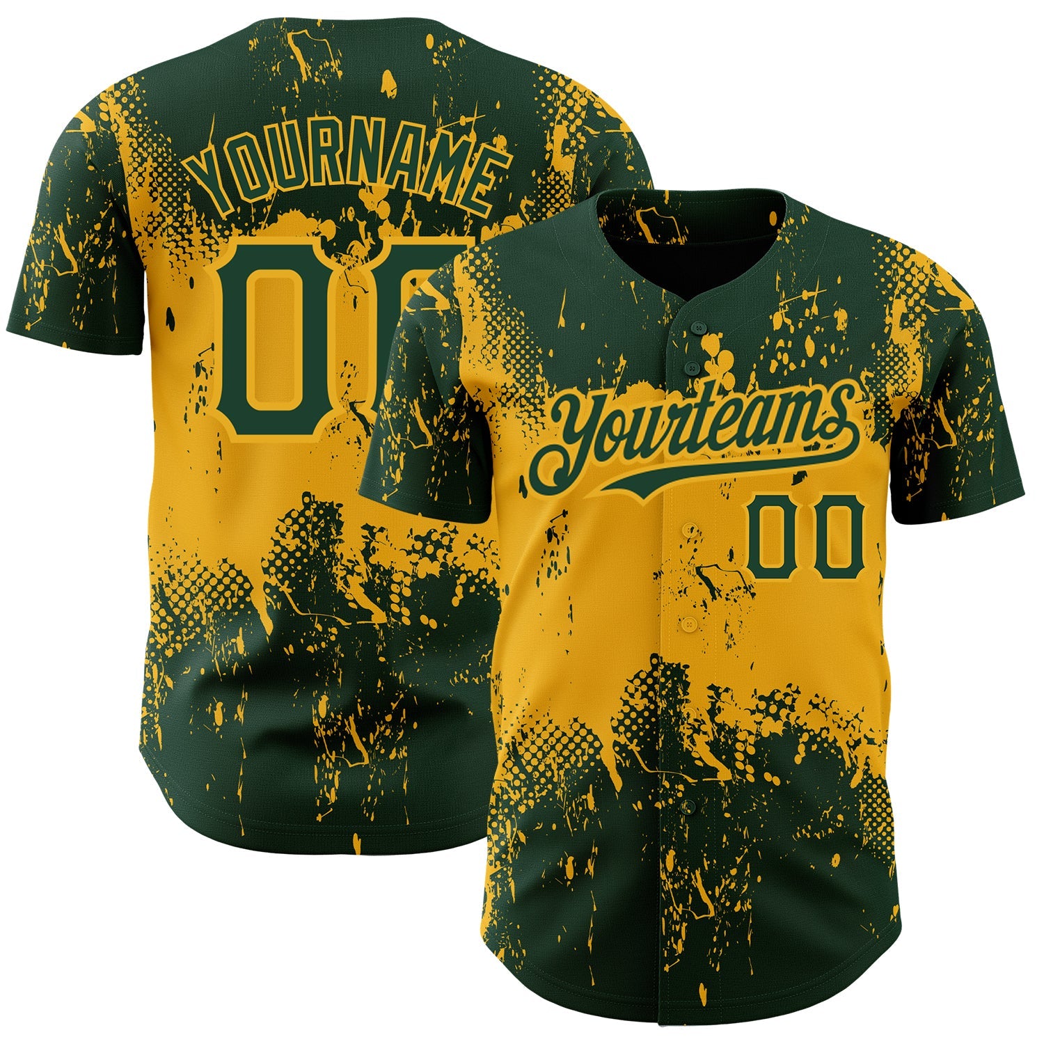 Custom Green Gold 3D Pattern Design Abstract Splatter Grunge Art Authentic Baseball Jersey - Main View