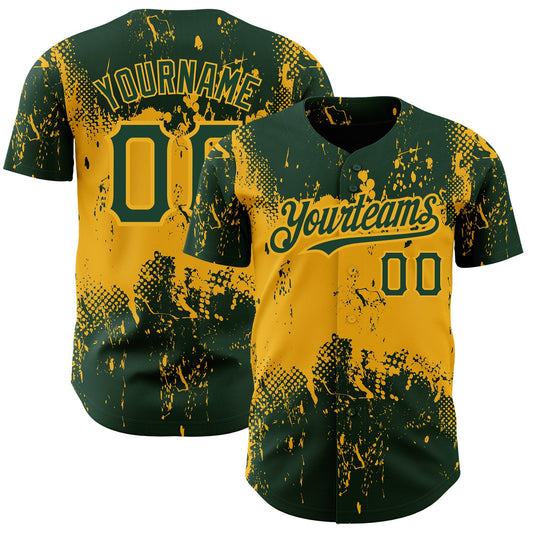 Custom Green Gold 3D Pattern Design Abstract Splatter Grunge Art Authentic Baseball Jersey - Main View