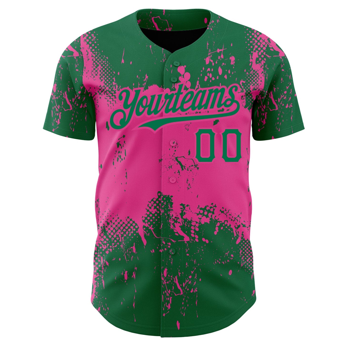 Custom Kelly Green Pink 3D Pattern Design Abstract Splatter Grunge Art Authentic Baseball Jersey view 2