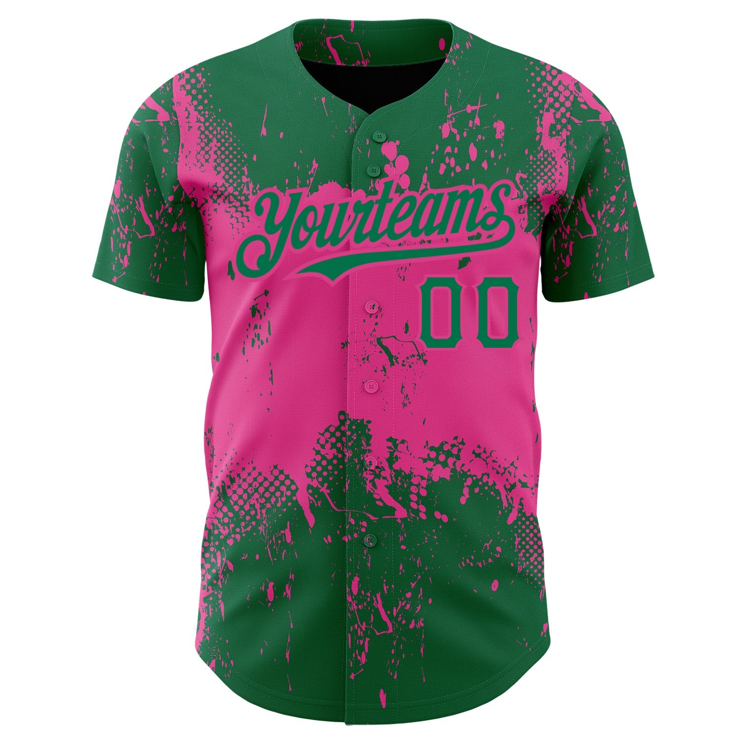 Custom Kelly Green Pink 3D Pattern Design Abstract Splatter Grunge Art Authentic Baseball Jersey view 2