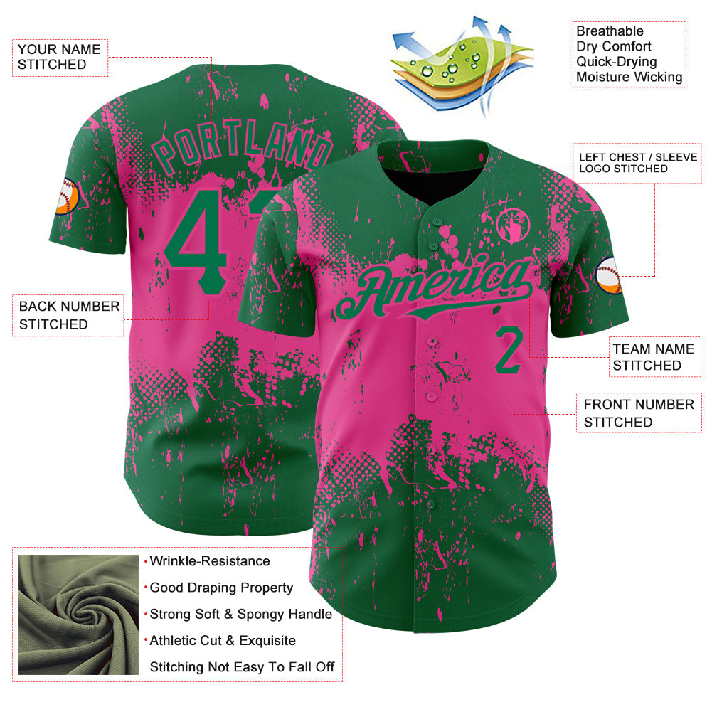 Custom Kelly Green Pink 3D Pattern Design Abstract Splatter Grunge Art Authentic Baseball Jersey view 3